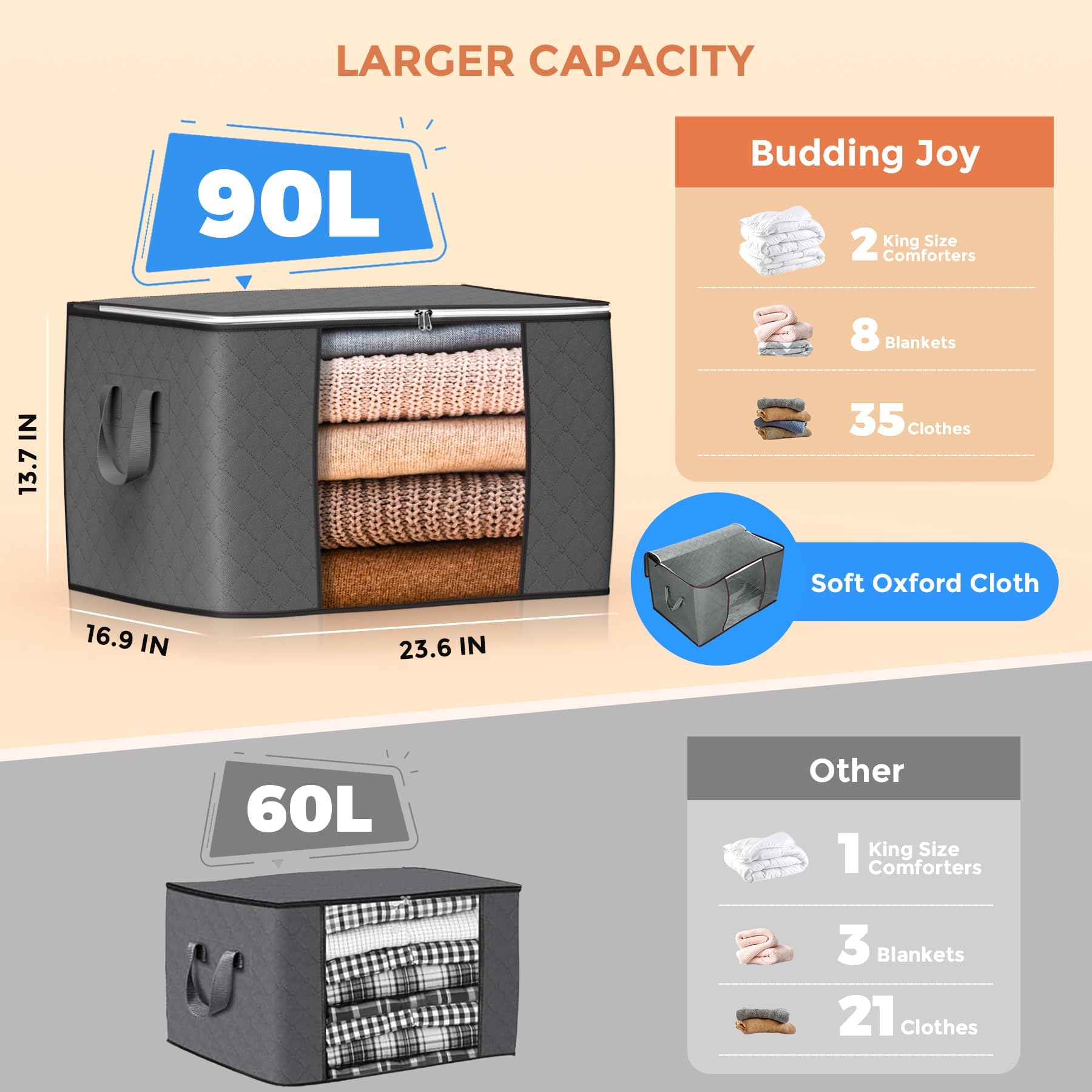 90 L Large Storage Bags, 6 Pack Clothes Storage Bins Foldable Closet Organizers and Storage Containers with Reinforced Handle for Clothing, Blanket, Comforters, Bed Sheets, Pillows and Toys (Gray)