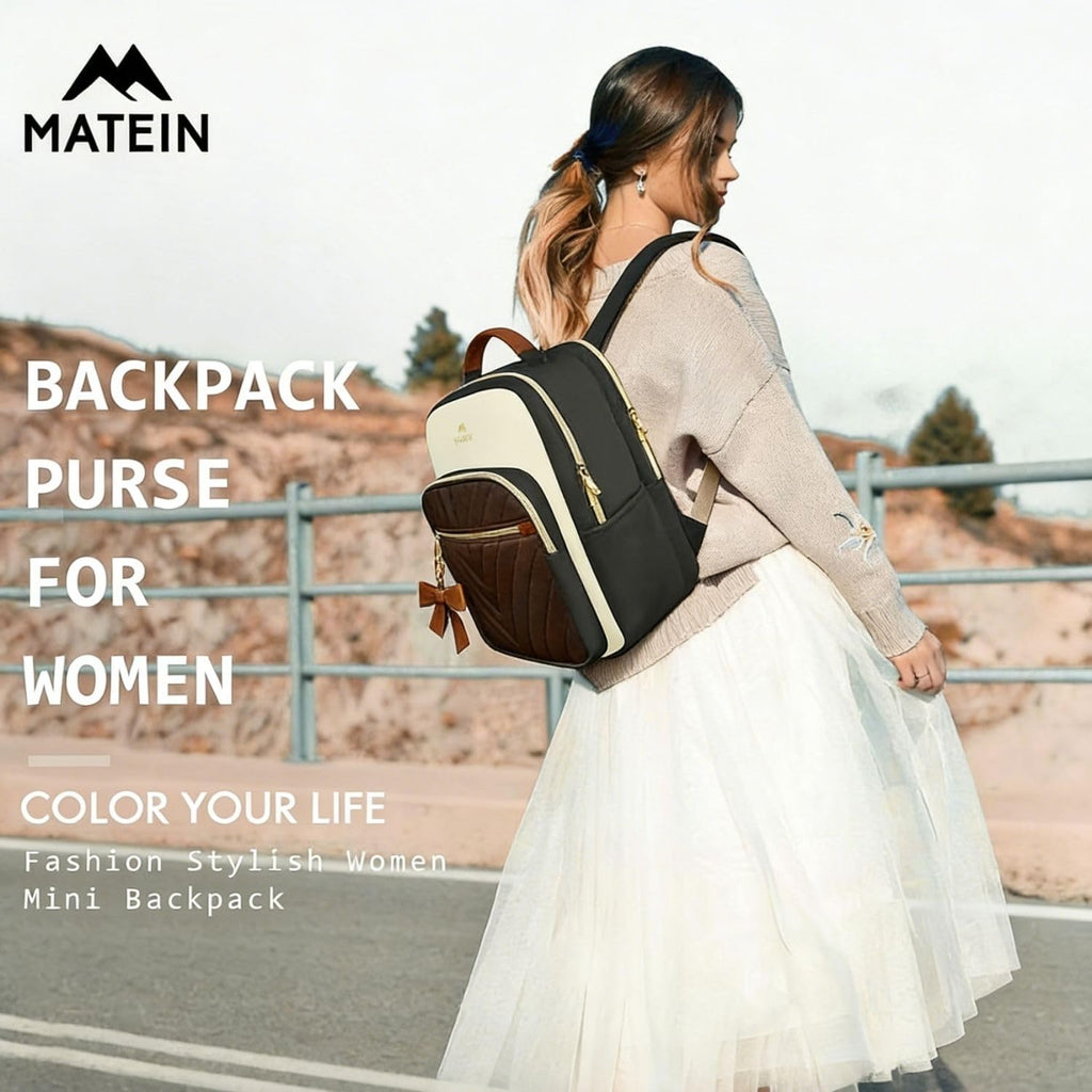 MATEIN Mini Backpack Purse for Women, Fashion Small Purse Backpack with USB Charging Port, Waterproof Casual Daily Cute Shoulder Bag Ladies Handbags for Travel Work College, 2pcs Sets, Black-Beige
