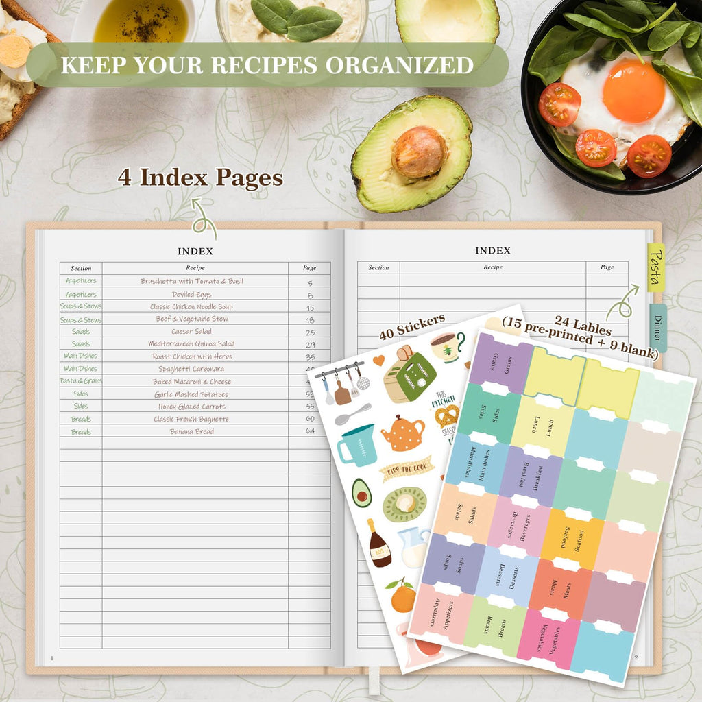 Lanpn B5 Blank Recipe Book Cookbook to Write in Your Own Recipes, Leather Cover Waterproof Empty Cooking Journal for 70 Recipes, Recipe Notebook with Stickers to Organize Your Family Recipes, Green