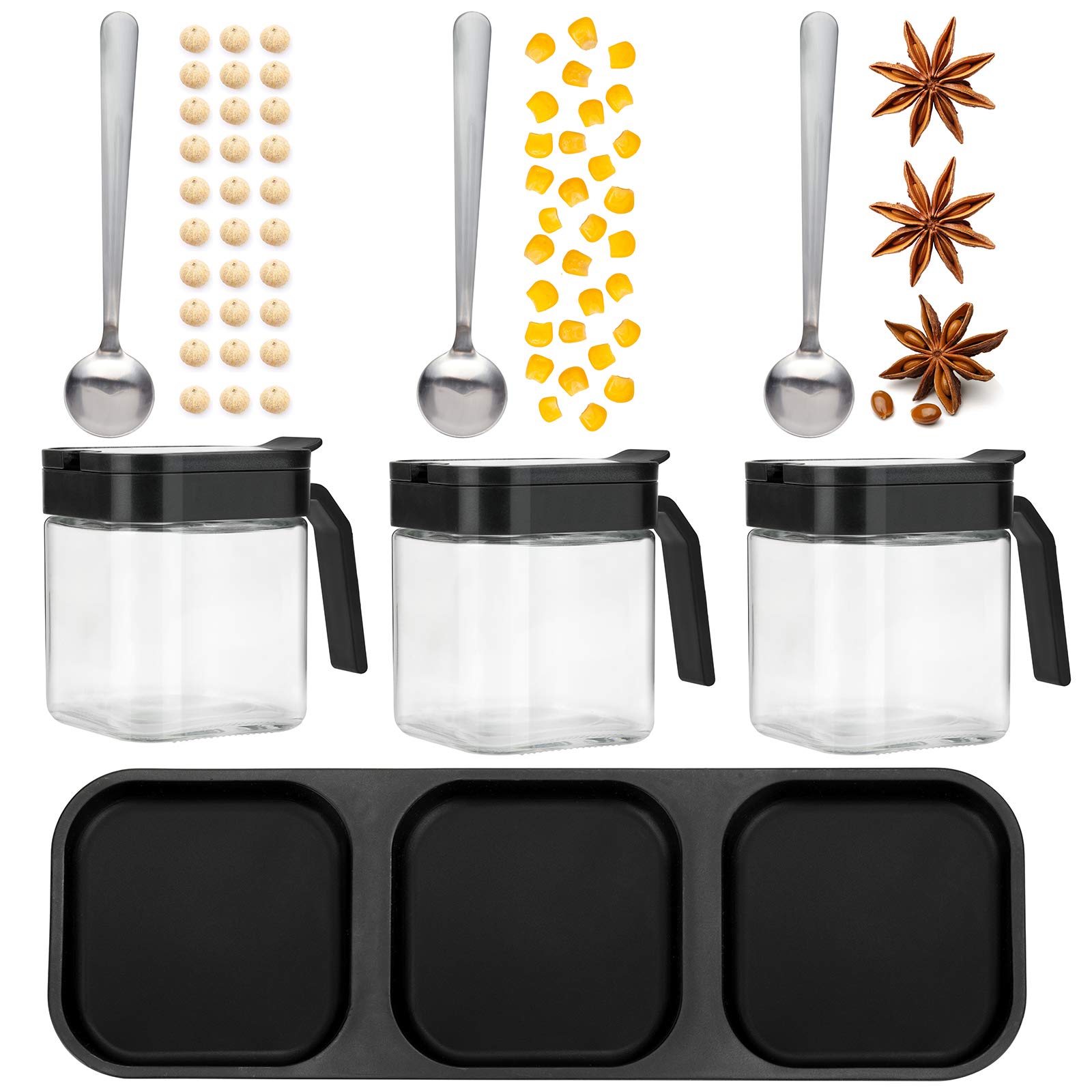 Mlici Condiment Jar Spice Container Set of 3 with Lids & Spoons, 255ml Clear Glass Condiment Canisters Pots Seasoning Box, Salt Container Sugar Bowl for Kitchen, Counter, Food Storage (Black)
