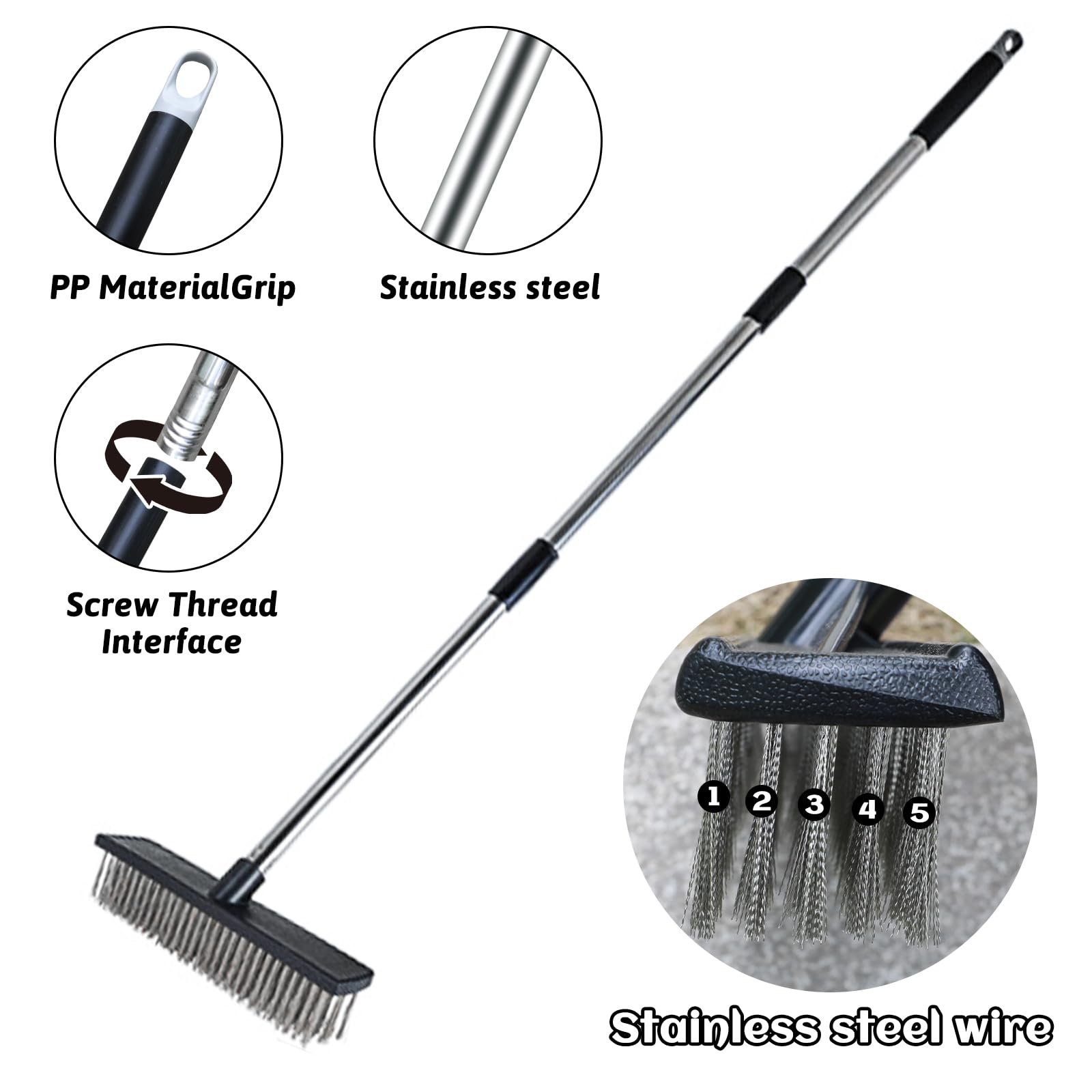 Heavy Duty Wire Push Broom Brush, 15.7" Stainless Steel Bristle Deck Brush with Long Handle for Removing Weeds, Outdoor Broom for Rough Surface Dirt