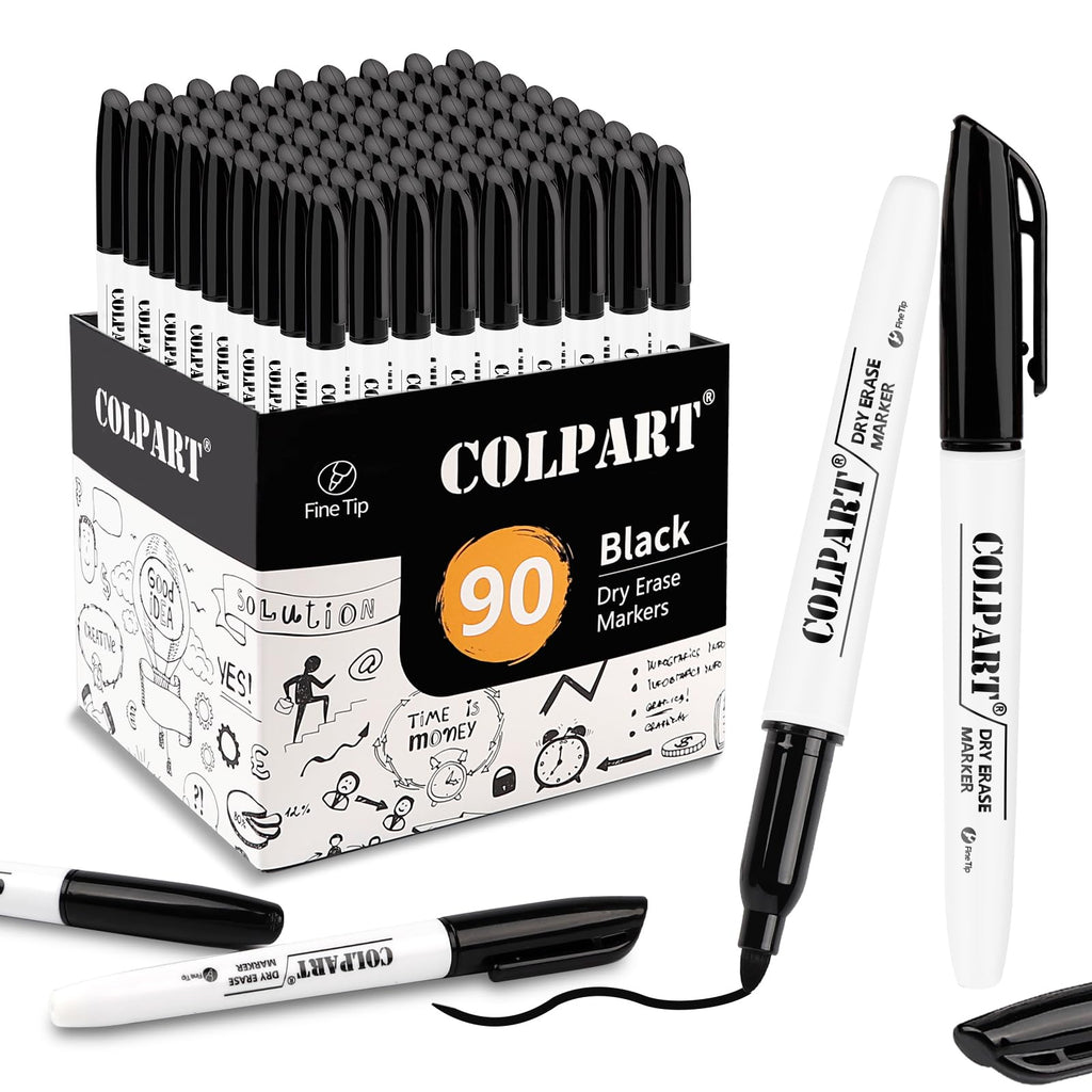 colpart Dry Erase Markers Fine Tip - Pack Of 90 Black Whiteboard Markers Bulk With Low Odor White Board Markers Dry Erase For School, Office, Home, Work On White Board & Calendar, Refrigerator
