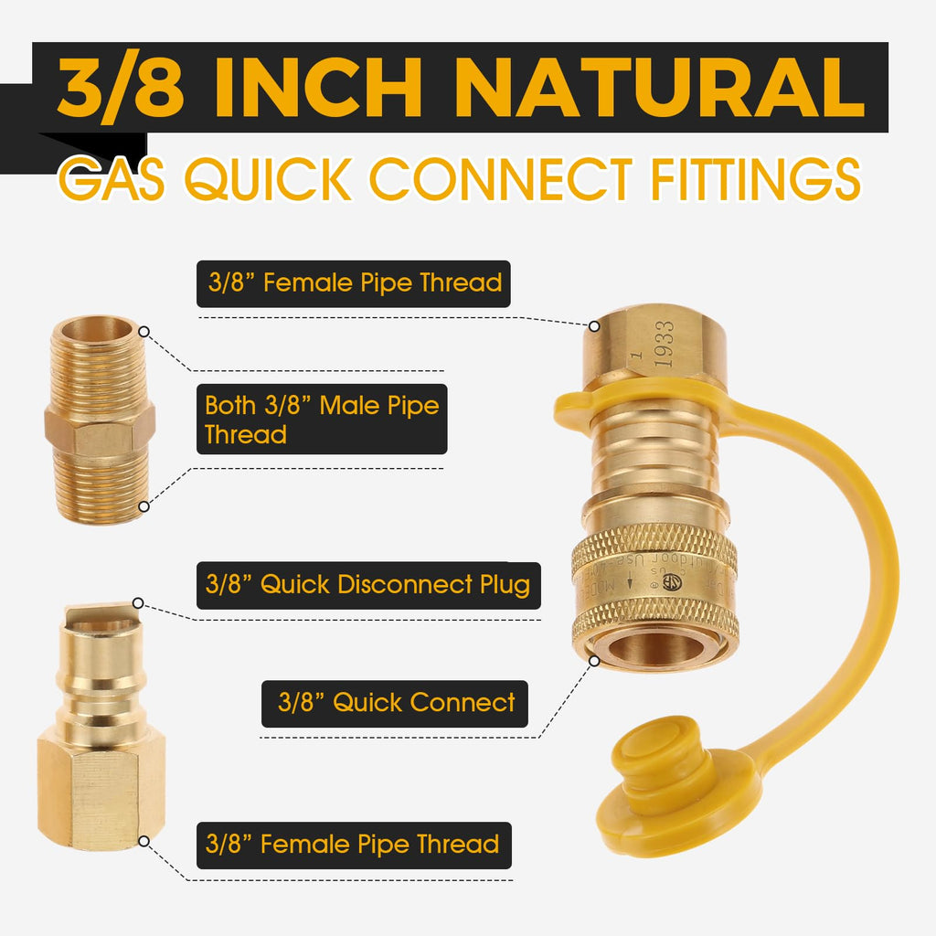3/8 Inch Natural Gas Quick Connect Fittings, Natural and Propane Hose Quick Disconnect Kit 3/8” Male Pipe NPT Thread x 3/8” Female Pipe Thread for Low Pressure Propane Systems