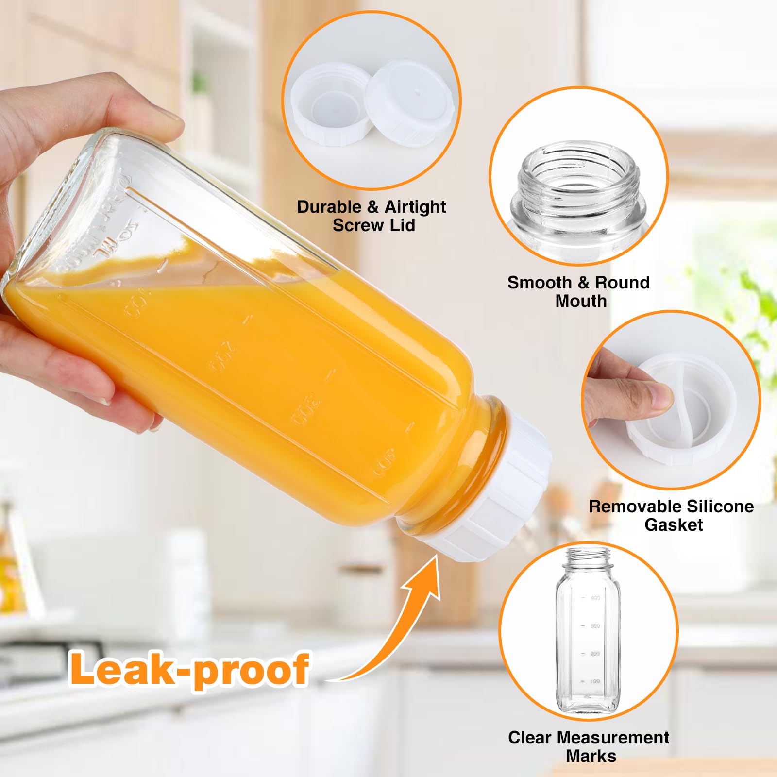 HINGWAH 4 Pack 16 OZ Glass Milk Bottles with Lids & Scale & Silicone Pour Spout, Reusable Square Water Bottles for Juice, Milk, Smoothies