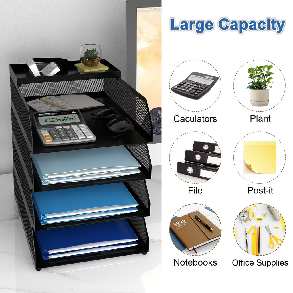 Natwind 4-Tier Stackable Paper Tray, Metal Mesh Desktop Organizer, Paper Sorter, Letter Trays,File Document Storage Rack for for Home, Office, School (Black)
