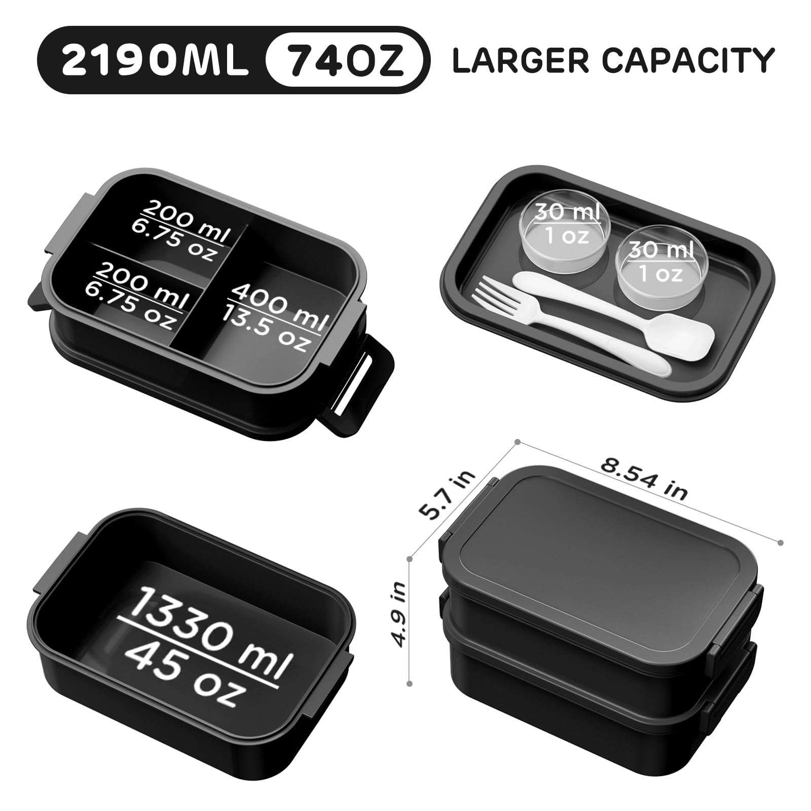 JSCARES Lunch Box Adults Bento Box - All-in-One Stackable 74 OZ Lunch Containers for Adult Large Bento Containers with Fork Spoon Sauce Boxes, Leakproof Lunchbox for Work School Dining Out (Black)