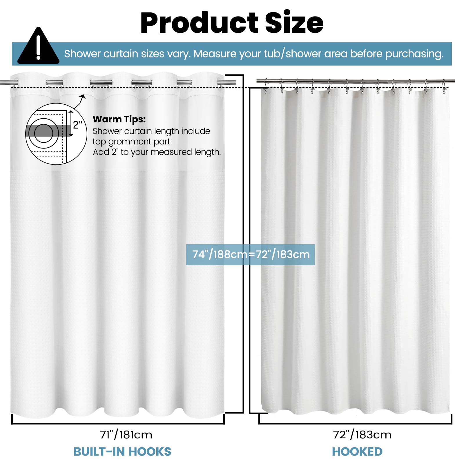No Hook Shower Curtain with Snap in Fabric Liner- Hotel Style Waffle Weave Shower Curtains with See Through Top Window for Bathroom,White,71" W x 74" L