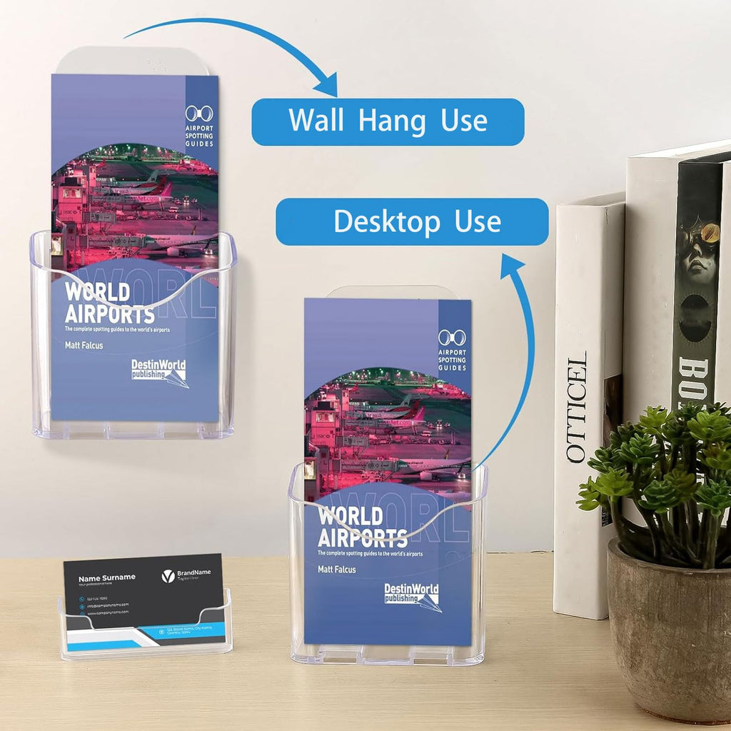 MYLEUS 4Pcs Acrylic Brochure Holder with 4 Business Card Holder, Office Tabletop Wall Mount Organizer, Brochure Display Stand, Trifold Holder Stand, Menu,Booklet, Literature, Display for Countertop