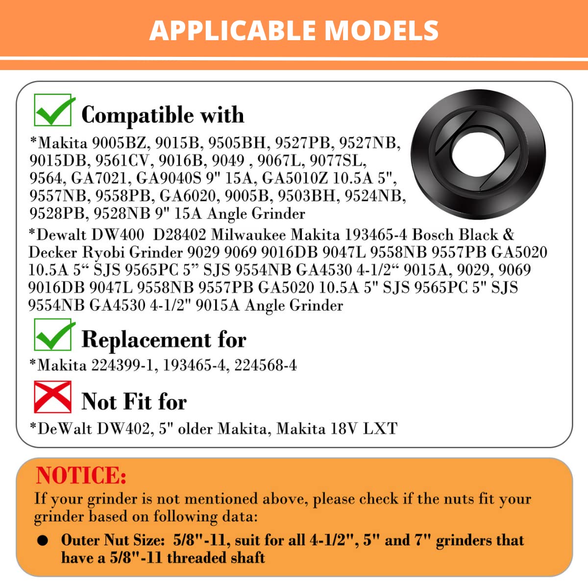 Grinder Wrench Grinder Shaft Nut 5/8-11 4 Pcs Compatible with Makita Milwaukee Dewalt Metabo Grinder Parts Bosch Ryobi Black Decker 4.5" 5" Protective Gloves Included