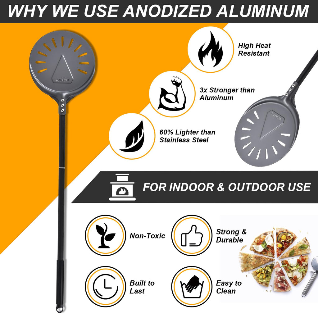 VIKCOLEE Turning Pizza Peel, 8 Inch with 25 Inch Handle Round Pizza Turning Peel, Professional Anodized Aluminum Turning Pizza Spatula, 33 Inch Overall