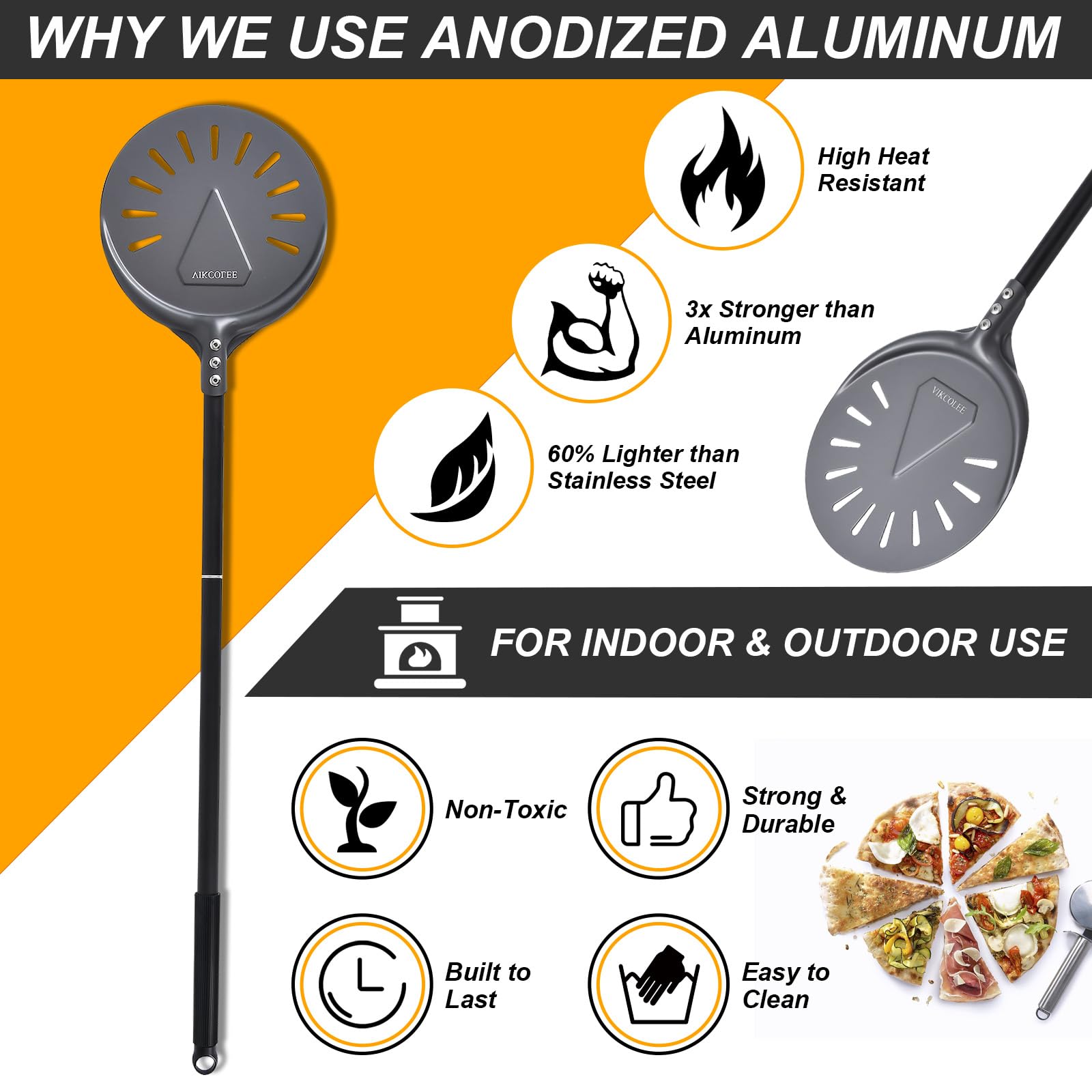 VIKCOLEE Turning Pizza Peel, 8 Inch with 25 Inch Handle Round Pizza Turning Peel, Professional Anodized Aluminum Turning Pizza Spatula, 33 Inch Overall