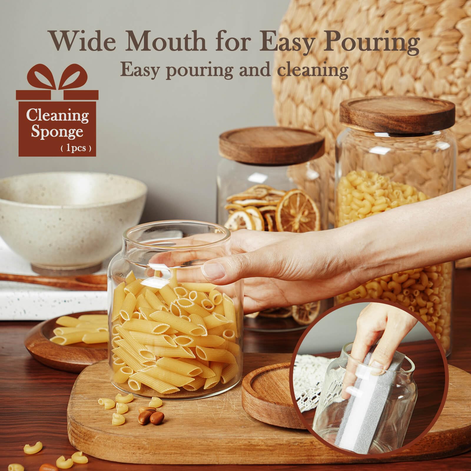 Labina Glass Storage Container Airtight Food Jars Kitchen Canister with Wood Lids, 20 Oz Wide Mouth Pantry Organization Glass Jar for Flour, Sugar, Cookie, Spagetti, Nuts and Candy (2 Pack)