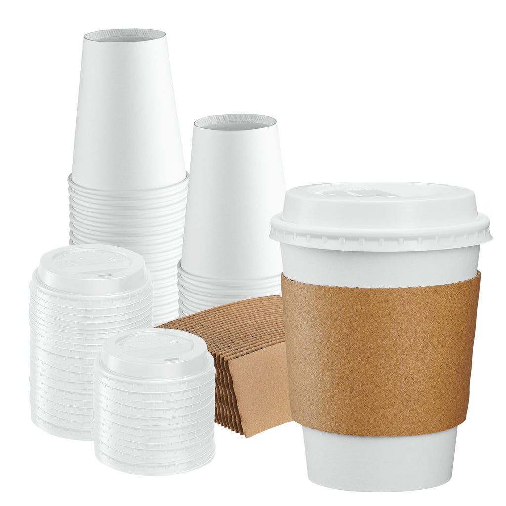 Gusto [50 Sets] 12 oz. Disposable White Paper Coffee Cups with White Lids, Sleeves - to Go Paper Hot Cups- Formerly Comfy Package