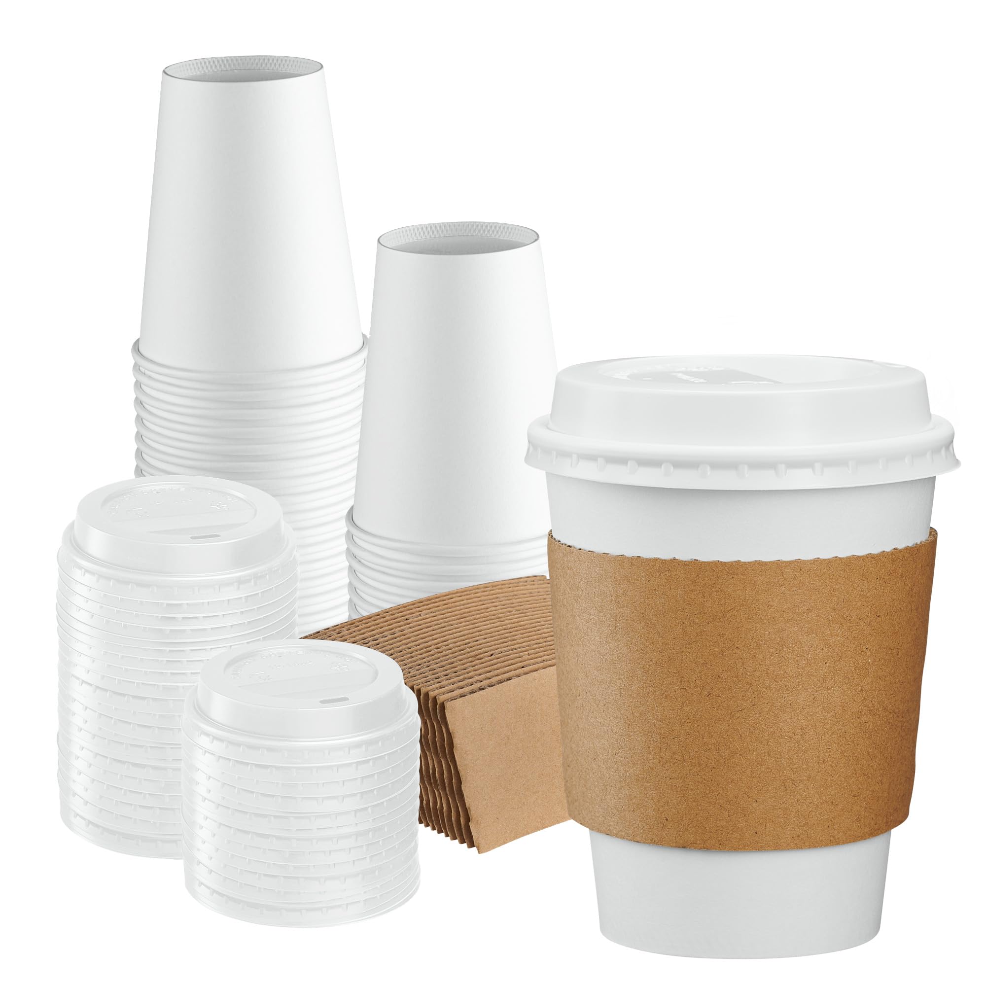 Gusto [50 Sets] 12 oz. Disposable White Paper Coffee Cups with White Lids, Sleeves - to Go Paper Hot Cups- Formerly Comfy Package