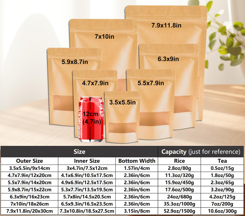 Matomtak Kraft Stand Up Bulk Pouches Resealable Paper Ziplock Bags with Window, 100 Pcs Sealable Food Storage Packaging Bags for Home and Business (Brown, 12x20cm/4.7x7.9inch)