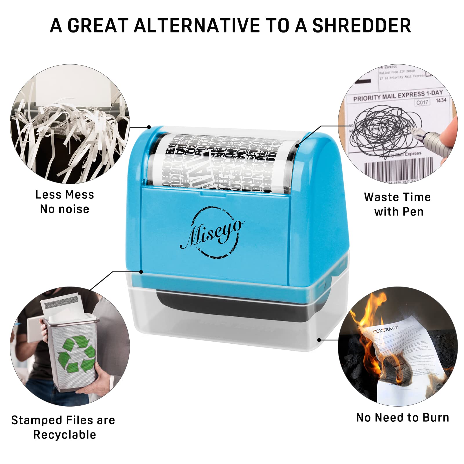 Miseyo Identity Theft Protection Roller Stamp Set - Blue (6 Refill Ink Incleded)
