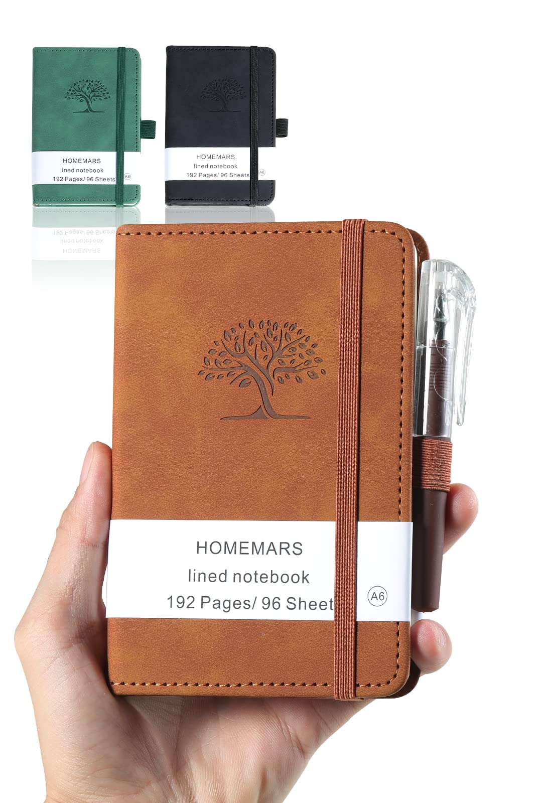 Notebooks, Notepad, Mini Notebook, 3 Pack with Pen,HOMEMARS Pocket Notebook, Lined Paper, 3.7" x 5.7"Leather, Brown, Green, Black, 192 Pages Each, Hardcover, Journal Notepad, Embossing Tree Design