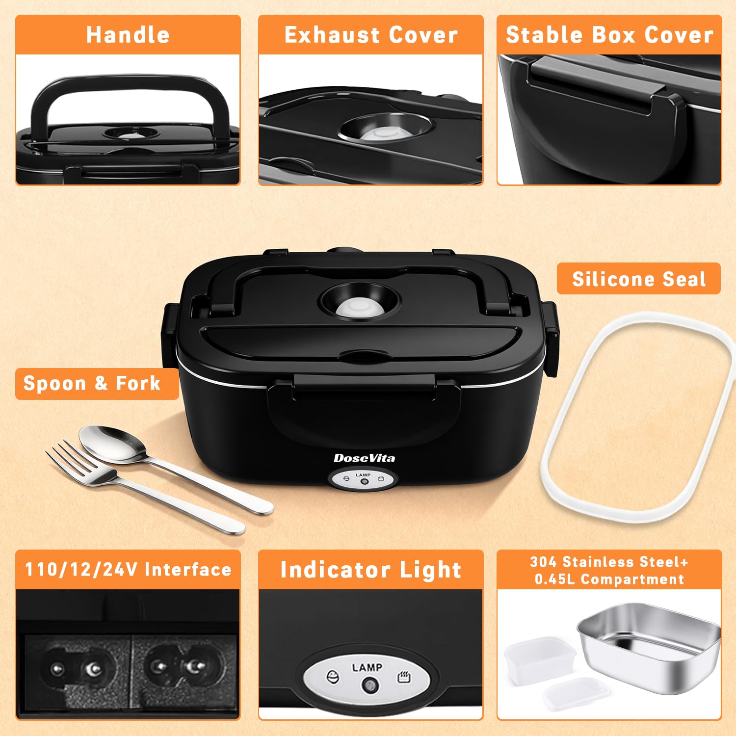 Dosevita Electric Lunch Box for Adults, 80W Heated Lunch Box 1.5L 304 Stainless Steel Portable Food Warmer,12/24/110V Lonchera Eléctrica Portátil for Car, Truck, Work, Travel (Black1)