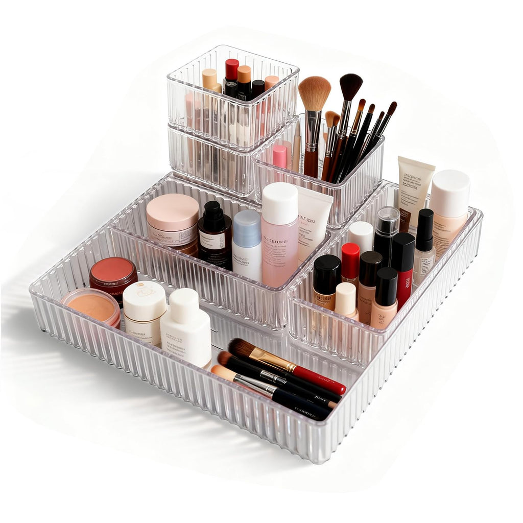 Clear Drawer Organizer Set,7PCS Acrylic Drawer Storage Trays,Stackable makeup divider tray,Plastic Containers,Storage Bins for Makeup,Jewelry, Gadgets,Office,Kitchen, Bedroom,Bathroom