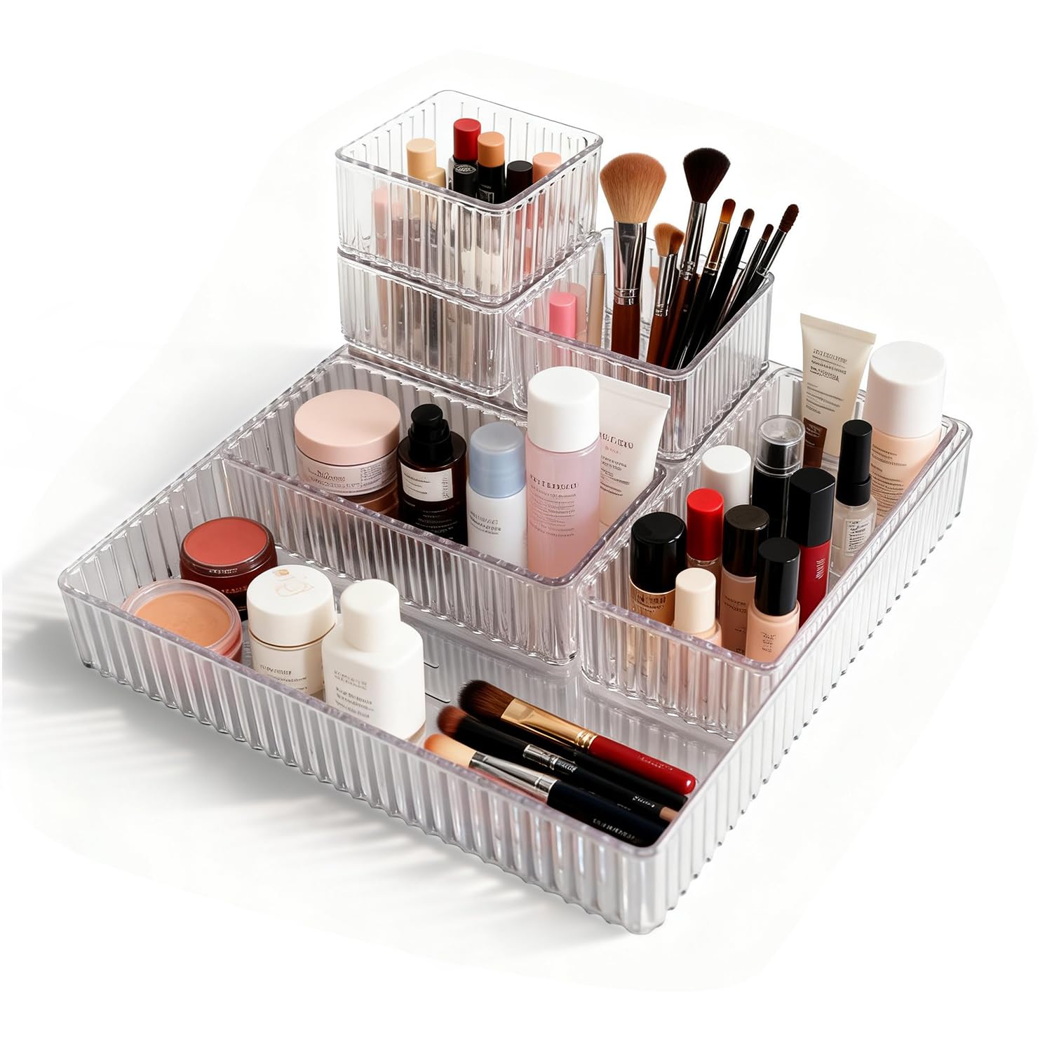 Clear Drawer Organizer Set,7PCS Acrylic Drawer Storage Trays,Stackable makeup divider tray,Plastic Containers,Storage Bins for Makeup,Jewelry, Gadgets,Office,Kitchen, Bedroom,Bathroom
