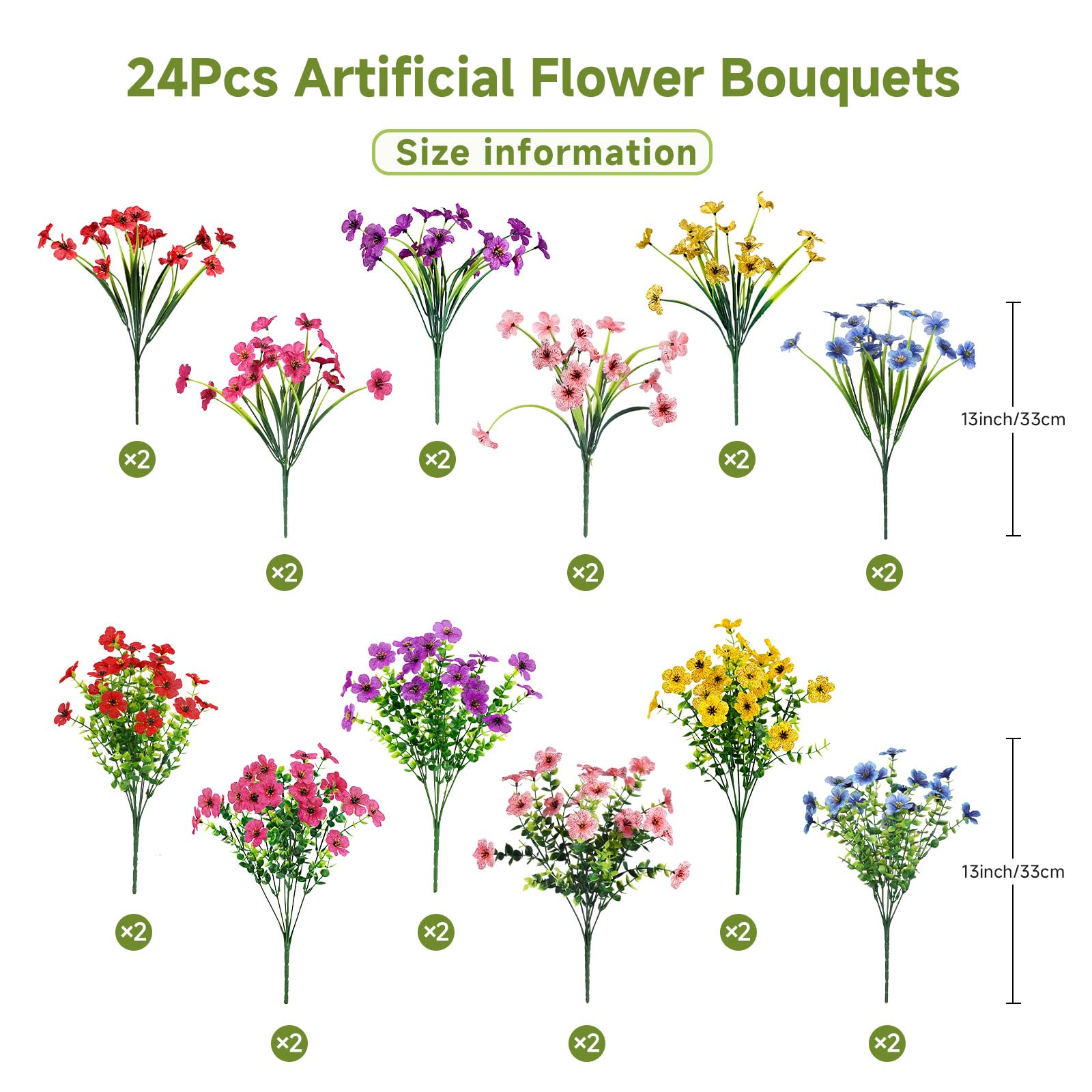 Alupssuc 24 Bundles Artificial Flowers for Outdoors Decoration, UV Resistant Silk Faux Floral Spring Fake Plastic Plants Greenery for Outside Indoor Home Garden Porch Window Box Decor, Mix 6 Colors