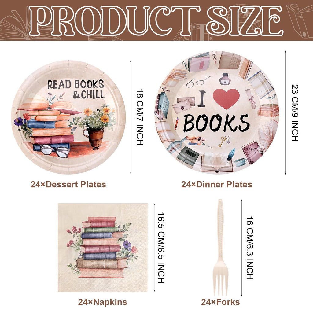 96 Pcs Book Party Decorations Tableware Set Books Lover Gift Disposable Book Club Paper Plate Napkin Fork for Guest Library Reading Storybook Party Supplies Birthday Baby Shower Party Dinnerware Decor