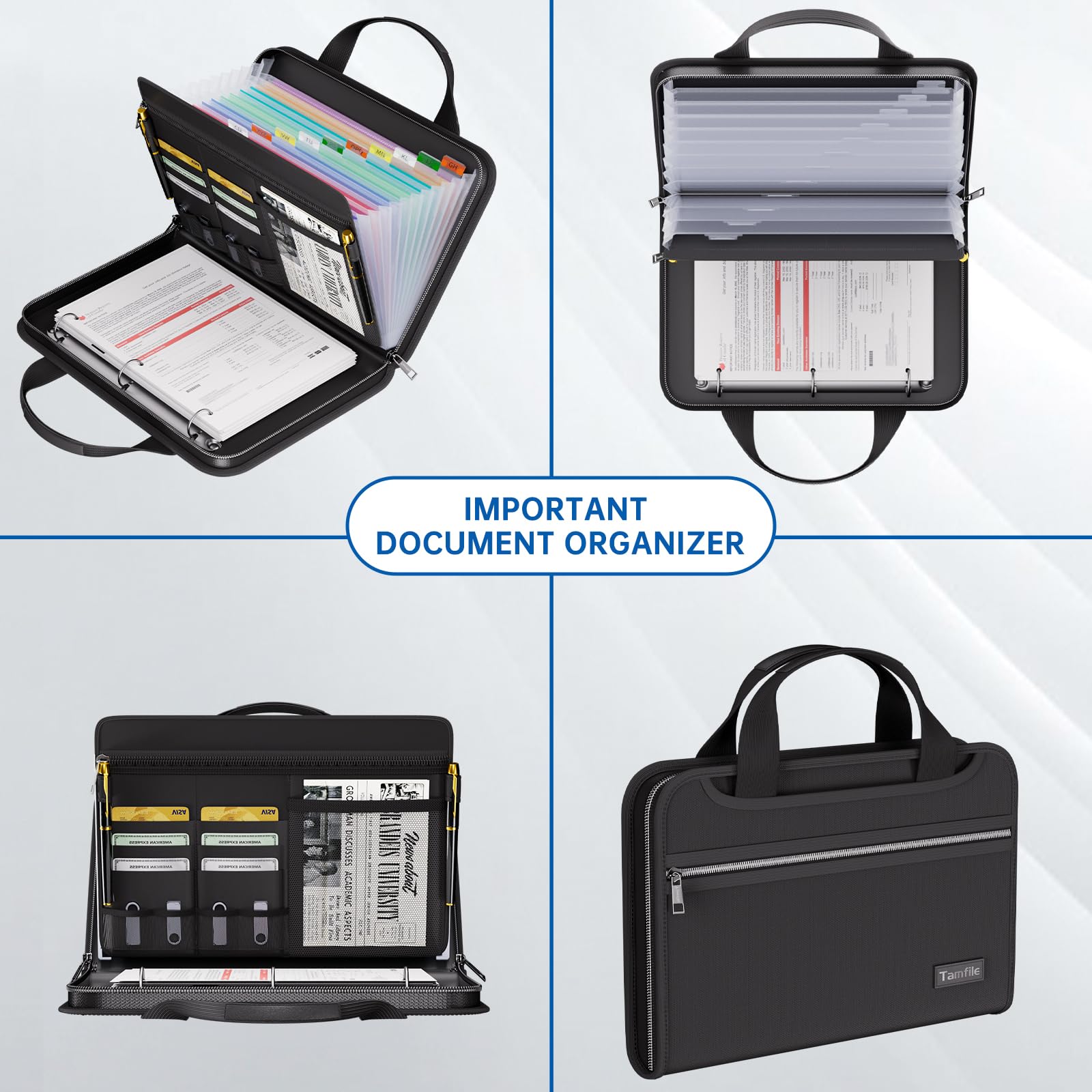 Tamfile Fireproof Accordion File Folder with Handle, Expanding File Folder with 13 Pockets Zipper and Labels, File Folder with 3 Rings, Multiple Pockets, Paper Organizer for A4 Folder