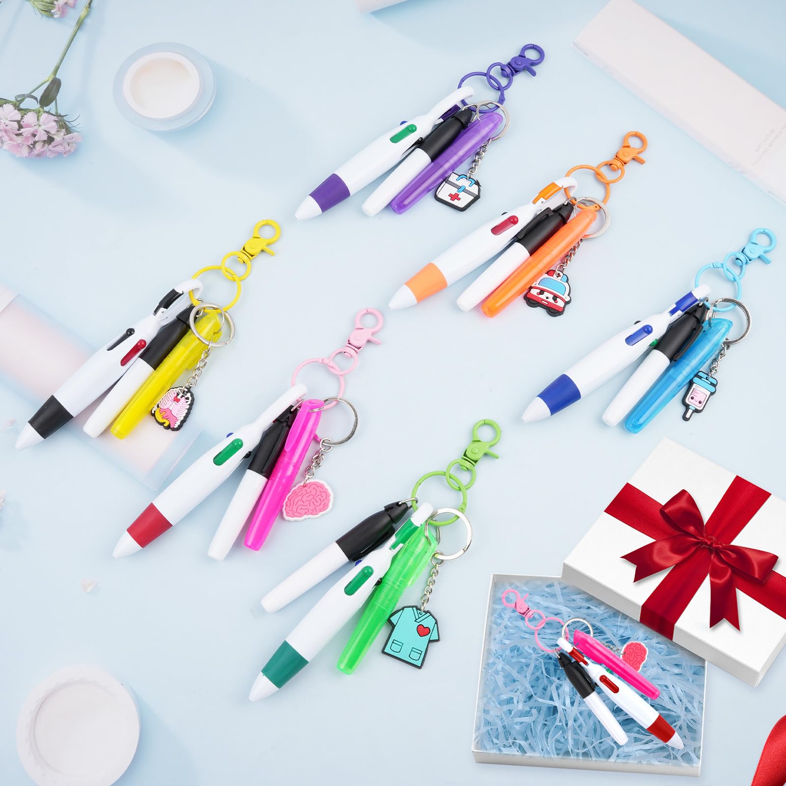 Supkiir 60 Pcs Mini Nurse Pen Kit, Mini Highlighter Nurse Pens, Nurse Accessories Set Including 12 Badge Reel Pens, 12 Permanent Marker Pen, 12 Tip Highlighter with 12 Nursing Keychain Clip