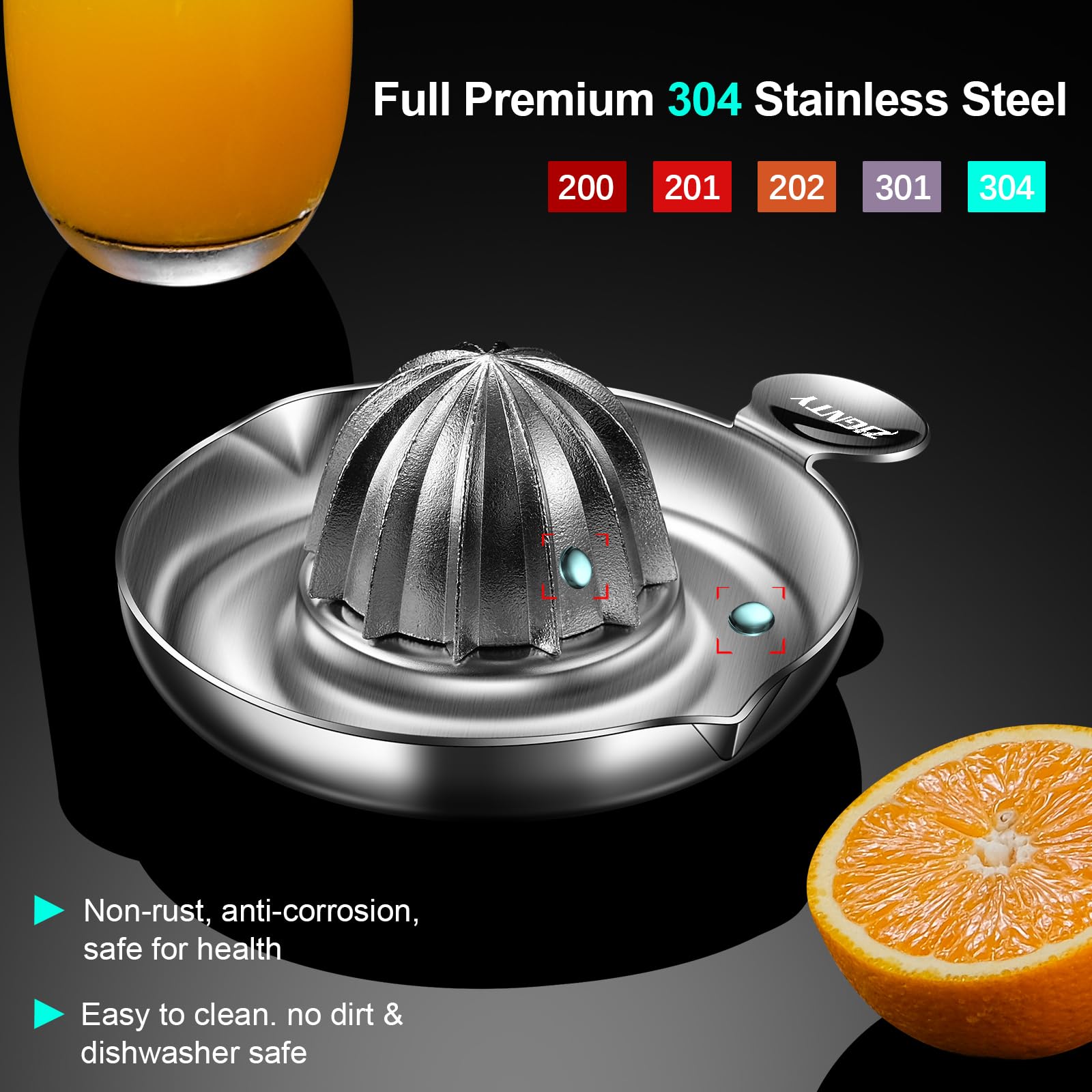 ZIGNTY Lemon Squeezer Stainless Steel, Heavy Duty Hand Manual Citrus Juicer, Premium Orange Lime Fruit Squeezer, Robust Reamer Rotation 2 Pour Spout 200ML Container, Dishwasher Safe（5-Year Warranty）