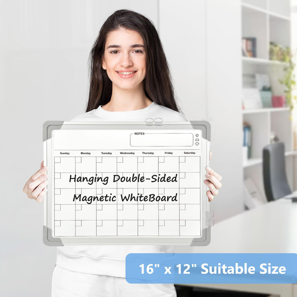 AMUSIGHT Whiteboard Calendar Dry Erase Calendar for Wall, 16" x 12" Small Magnetic Dry Erase Board Hanging Double-Sided, Calendar Whiteboard for Drawing, Kitchen, Planning, Memo, School, Home, Office