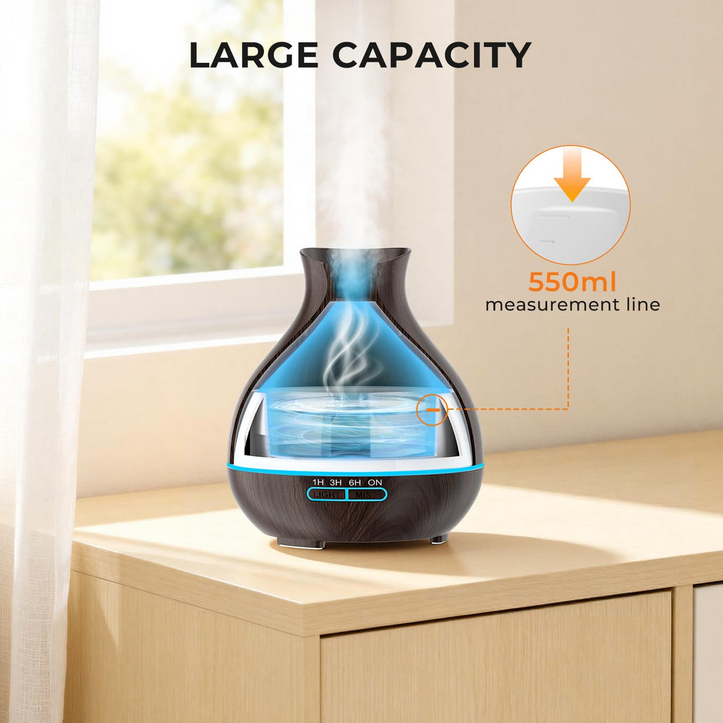 BZseed Aromatherapy Essential Oil Humidifier 550ml 12 Hours High Output for Large Room, Home, Waterless Auto-Off, 7 Color LED Lights Wood Grain Ultrasonic Cool Mist Diffusers,
