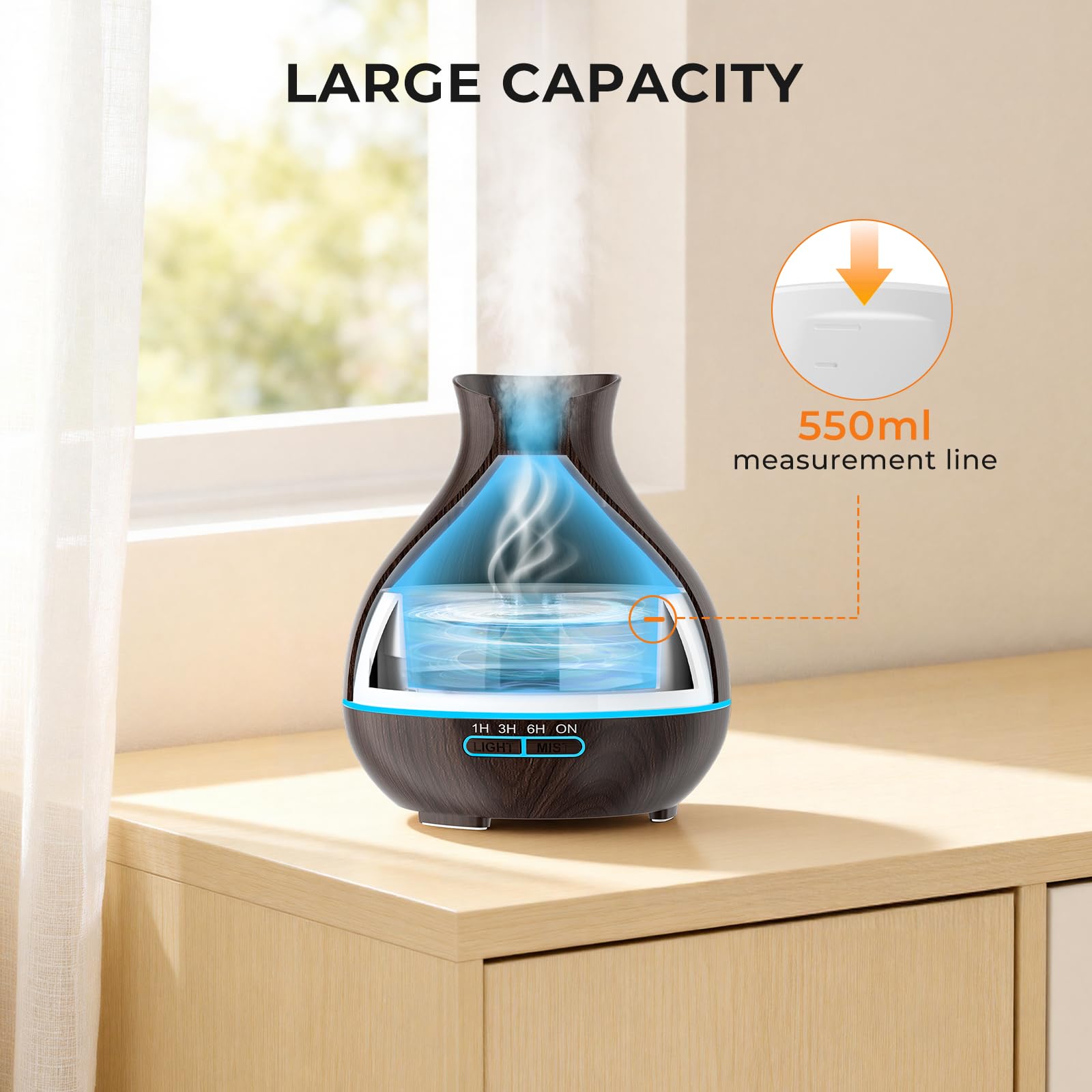 BZseed Aromatherapy Essential Oil Humidifier 550ml 12 Hours High Output for Large Room, Home, Waterless Auto-Off, 7 Color LED Lights Wood Grain Ultrasonic Cool Mist Diffusers,