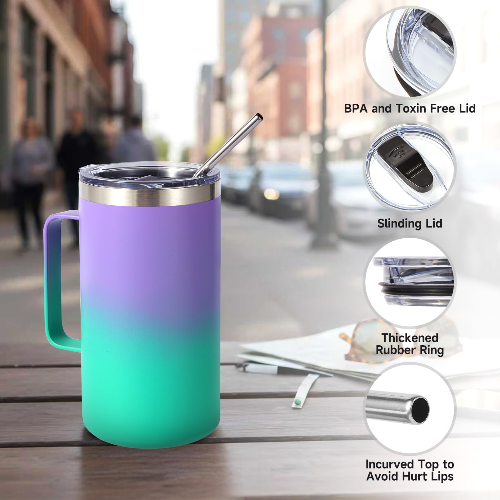 Volhoply 24 oz Insulated Coffee Mug with Lid and Straw, Stainless Steel Travel Mugs with Handle, Double Wall Vacuum Coffee Tumbler for Hot and Cold Drinks (Mixed,2 Pack)