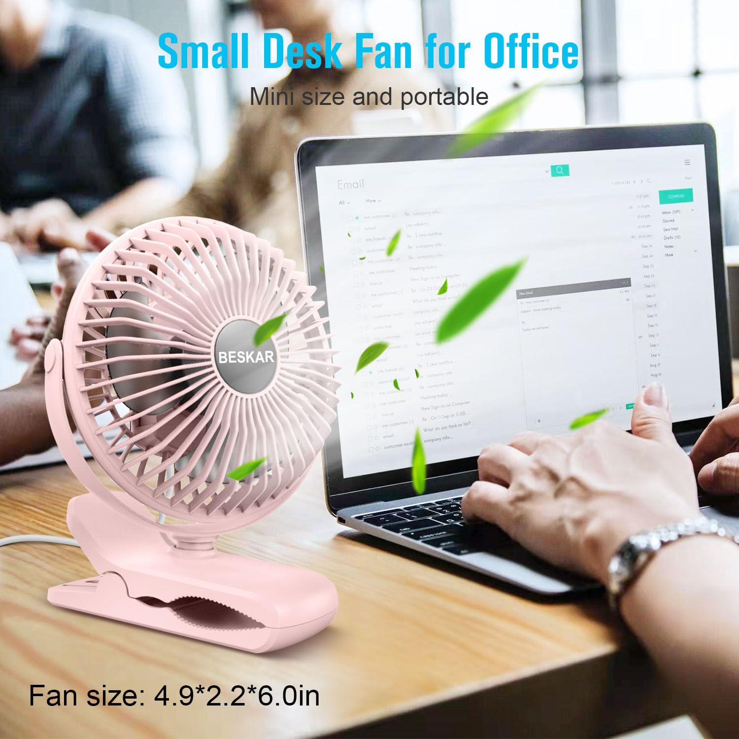 BESKAR USB Powered Clip on Fan, Portable Small Fan with Cord, 3 Speeds Strong Airflow, Personal Fan with Sturdy Clamp, Quiet Desk Fan & Clip Fan