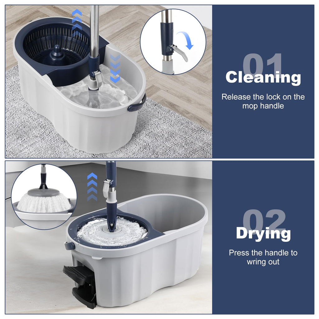 Spin Mop and Bucket System with180-Degree Rotating Head Telescopic Handle Dual Chamber Bucket Floor Cleaning Set with 3 Mop Refills Dual-Function Wringing Hand-Press and Foot-Pedal