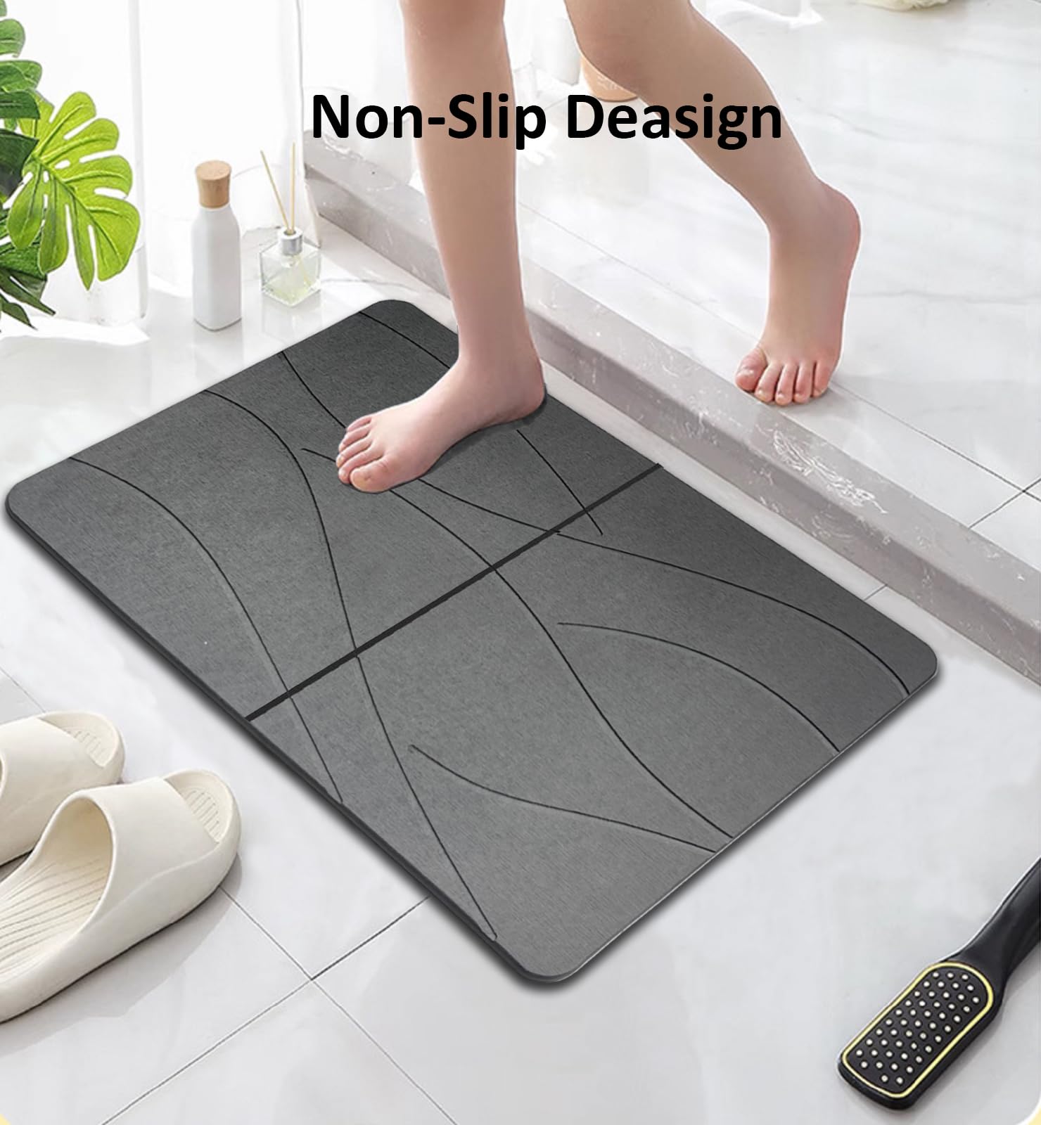 Stone Bath Mat, Diatomaceous Earth Bath Mat Stone with Fast Drying, Foldable Quick Dry Diatomite Bath Stone Mat for Bathroom, Non-Slip, Easy to Clean, 60cm x 40cm (Grey)