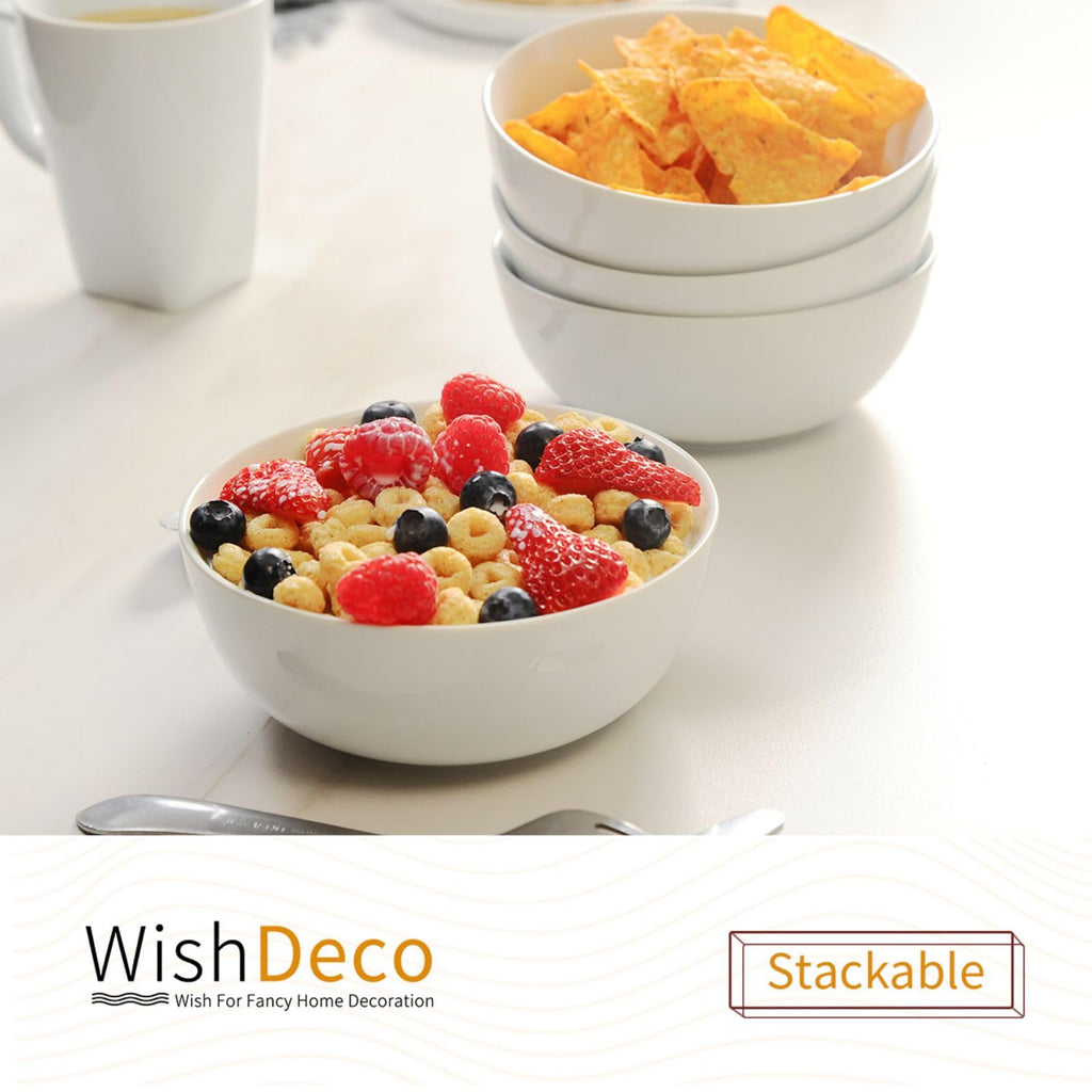 WishDeco Cereal Bowls Set of 4, Ceramic Soup Bowls 20 oz / 600 ml, Breakfast Bowls 6 inch / 15 cm, White Bowls for Dessert, Oatmeal, Pasta, Noodle, Salad, Rice