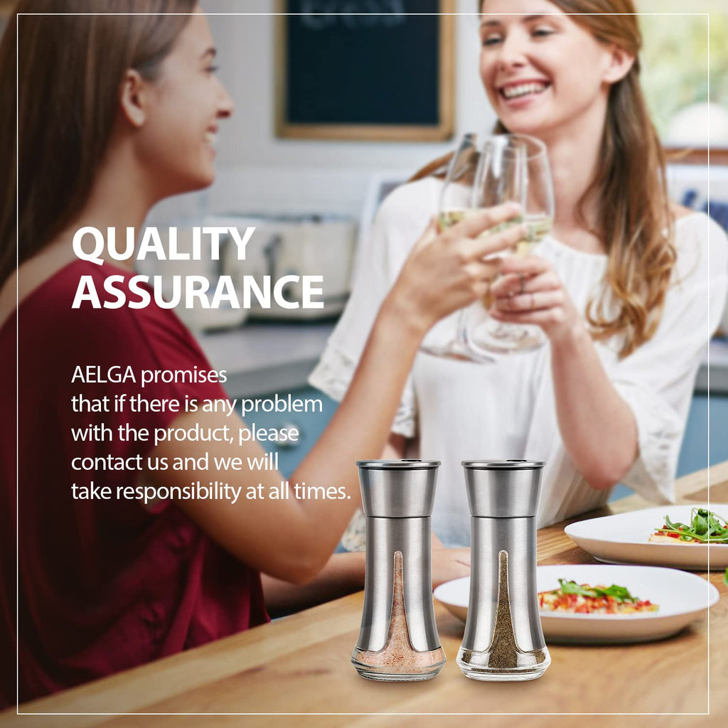 Salt and Pepper Shakers Set by Aelga - Salt Shaker with Adjustable Pour Holes -Stainless Steel Salt and Pepper shakers- Spice Shakers