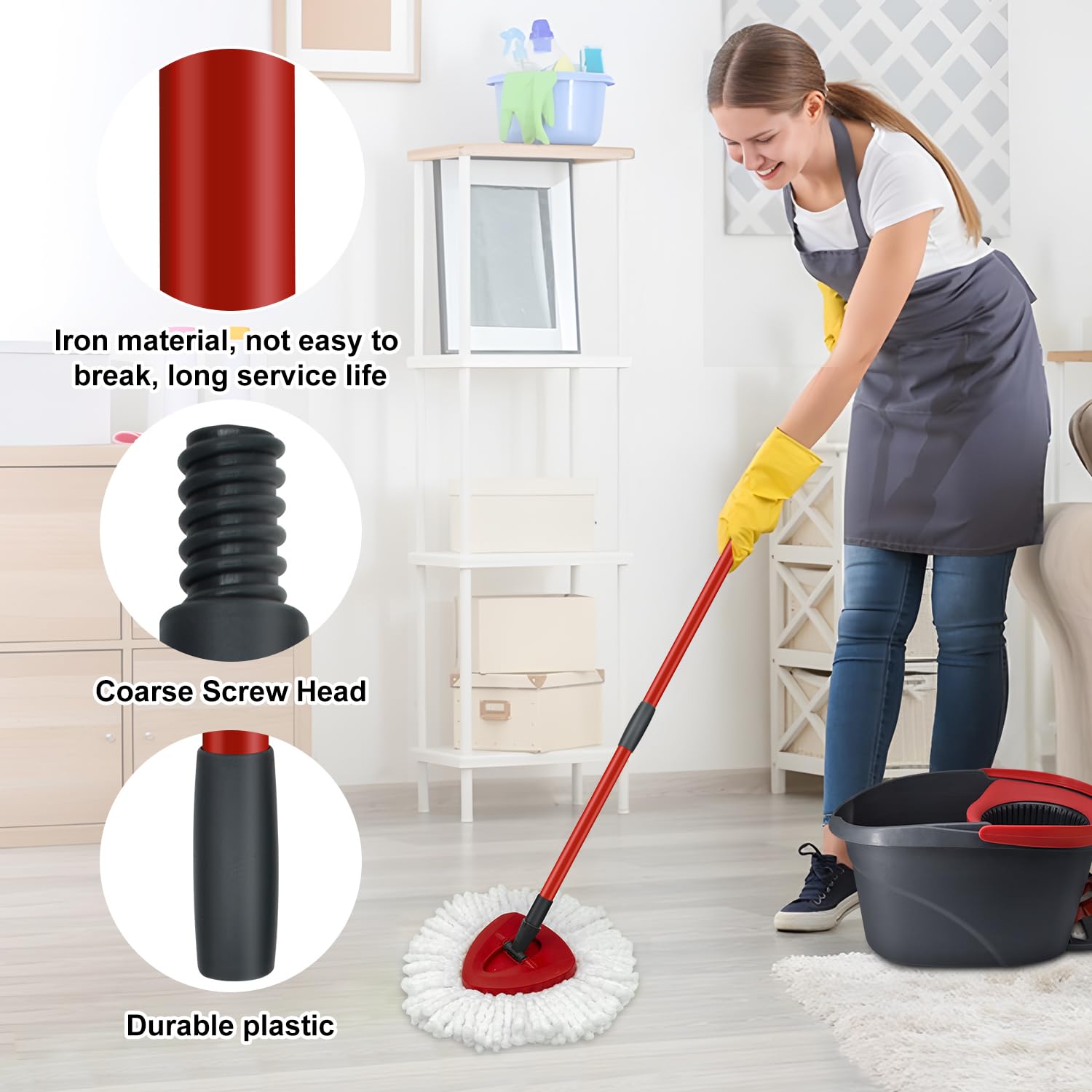 GFRED Mop Replacement Heads, Handles & Bases for O Cedar EasyWring 1-Tank Spin Mop, 2 Microfiber Heads, Iron Handle (30-58in), 1 Base, White