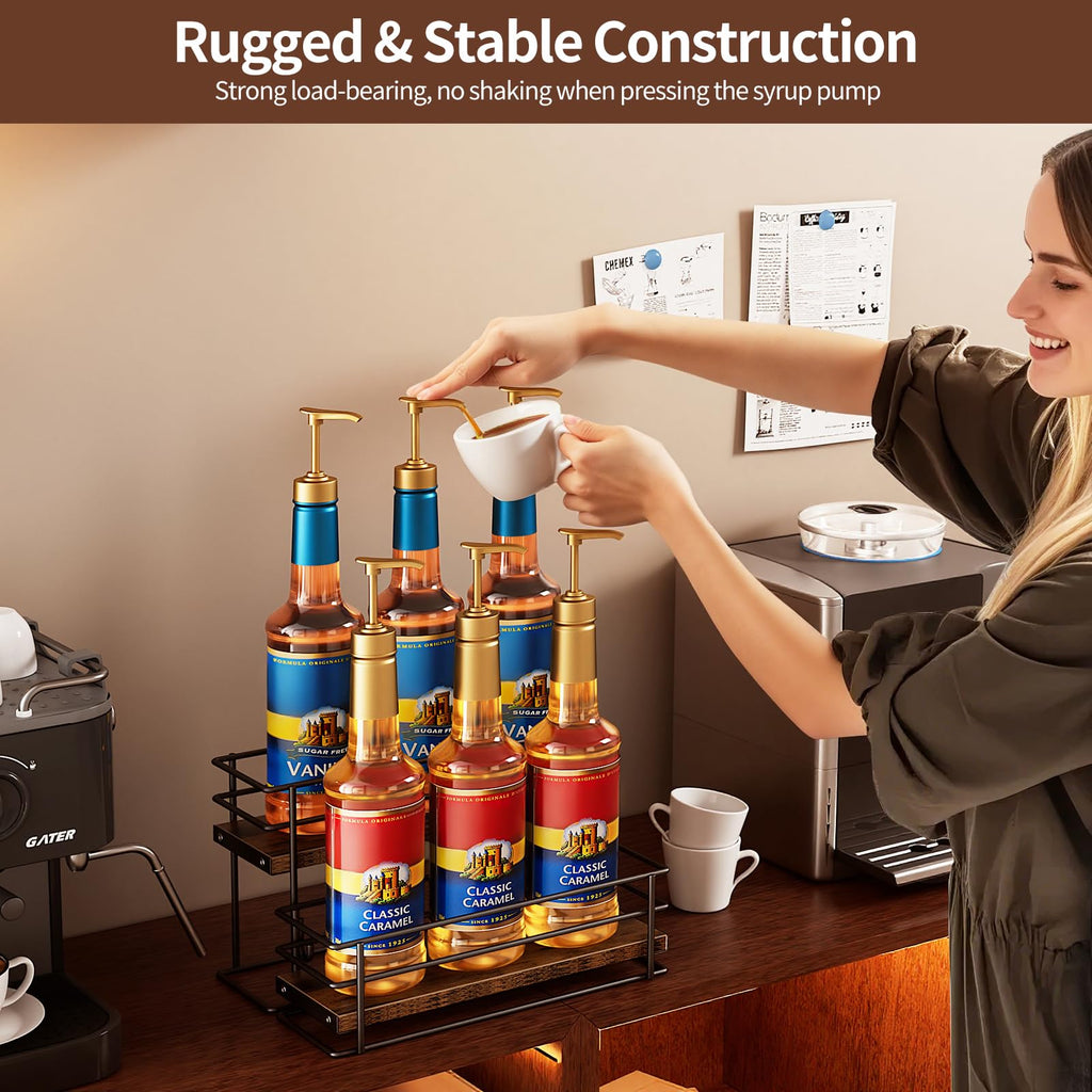 Nuovoware Coffee Syrup Organizer, 2-Tier 6 Bottles Separable Metal Rack with Wooden Base Whiskey Wine Dressing for Countertop Kitchen Bar, Black
