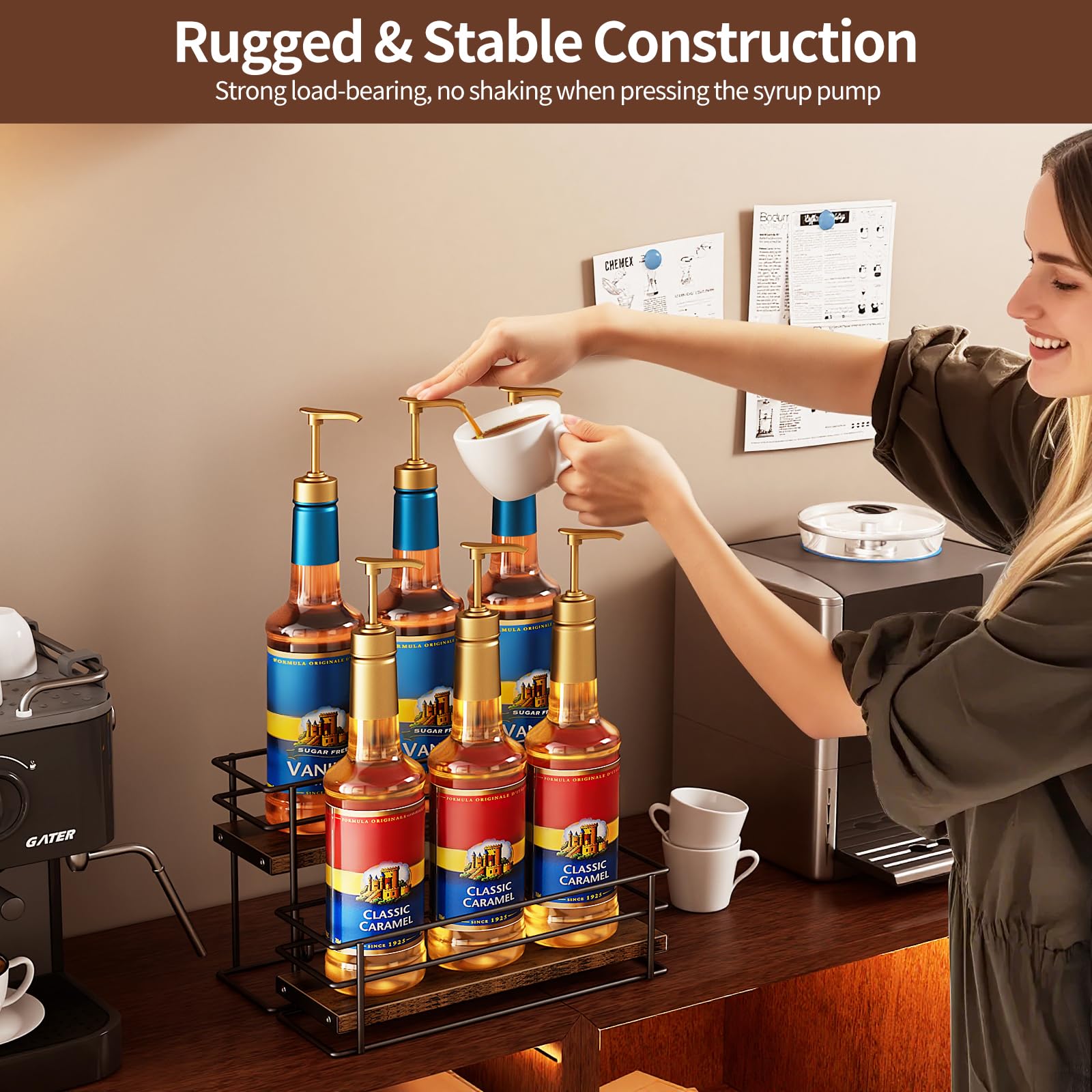 Nuovoware Coffee Syrup Organizer, 2-Tier 6 Bottles Separable Metal Rack with Wooden Base Whiskey Wine Dressing for Countertop Kitchen Bar, Black