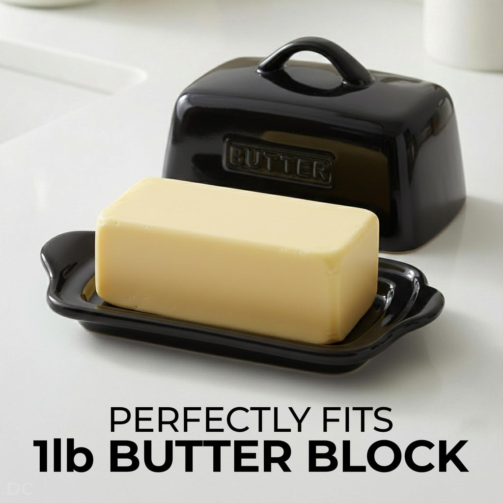 Zulay Kitchen Butter Dish with Lid – Large 1 lb Canadian Size, Black Porcelain Butter Tray & Butter Container for Countertop or Refrigerator - Black