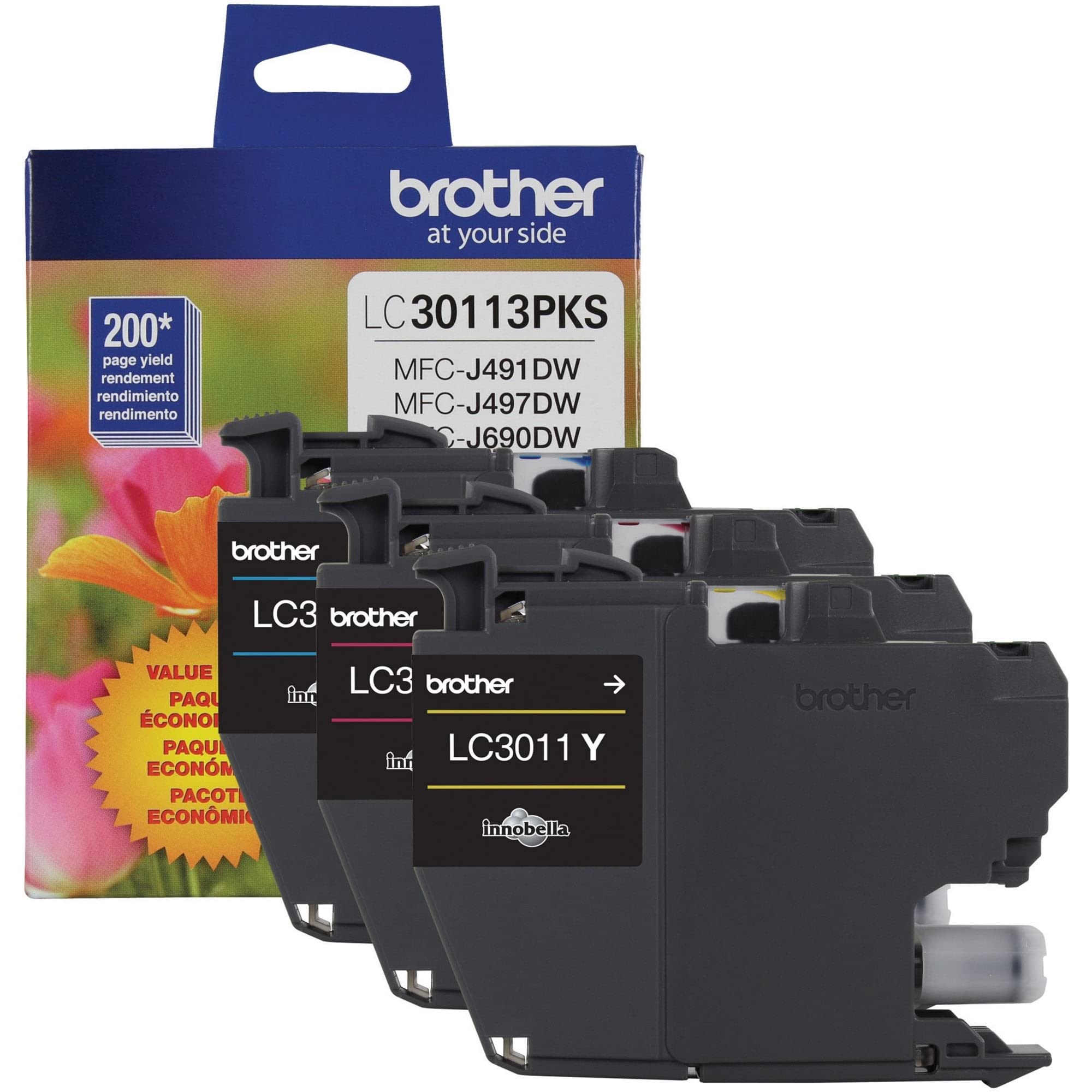 Brother Genuine LC30113PKS Standard Yield Colour Ink Cartridge Value Pack (3), original ink replacement cartridges, cyan/magenta/yellow, ink for Brother inkjet printers MFCJ491DW, MFCJ497DW, MFCJ690DW