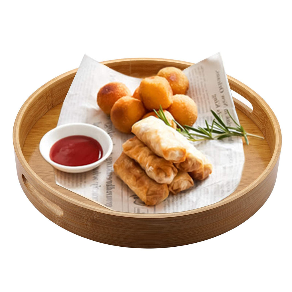 Jucoan 13.8 Inch Large Round Bamboo Serving Tray, Bamboo Wood Circle Tray with Handles, Round Ottoman Food Tray for Serving Breakfast, Drinks, Snack on Home Dining Table