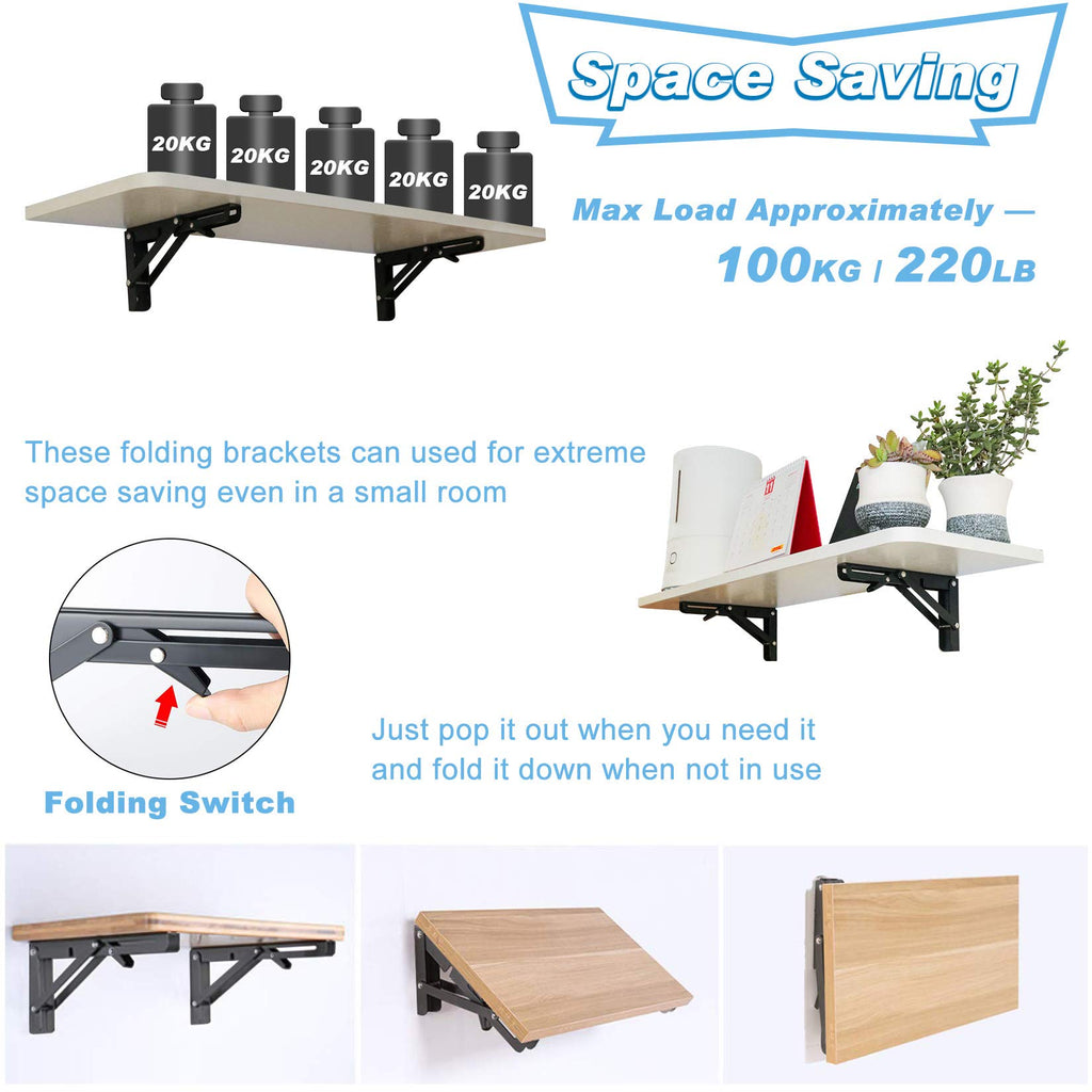 KOOTANS 16 Inch Folding Shelf Brackets, Heavy Duty Wall Mounted Metal Collapsible Shelf Bracket for Bench Table Workbench Supports Space Saving DIY Bracket, Max Load 220LB/100KG, Pack of 2 with Screws