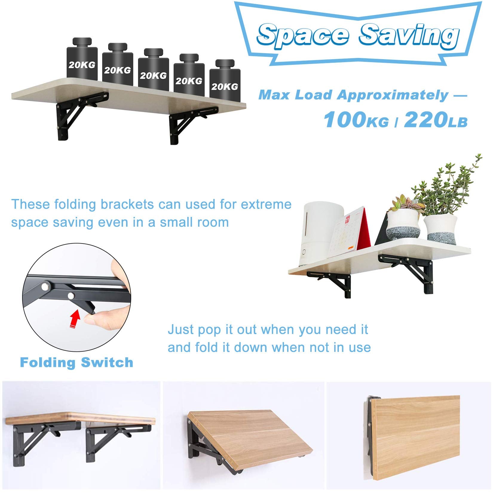 KOOTANS 16 Inch Folding Shelf Brackets, Heavy Duty Wall Mounted Metal Collapsible Shelf Bracket for Bench Table Workbench Supports Space Saving DIY Bracket, Max Load 220LB/100KG, Pack of 2 with Screws