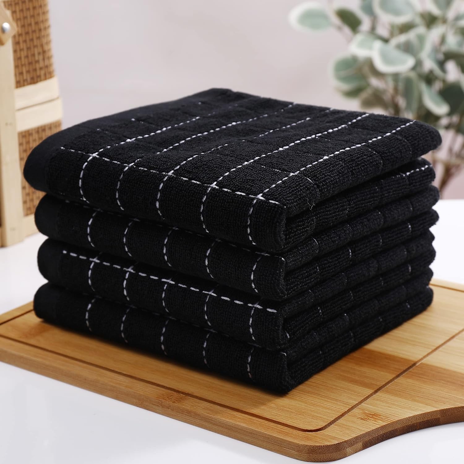 smiry 100% Cotton Terry Kitchen Towels, 4 Pack Ultra Soft and Absorbent Cleaning Dish Cloths, 13 x 28 inches Checkered Designed Non-fluffing Quick Drying Dish Towels and Tea Towels, Black