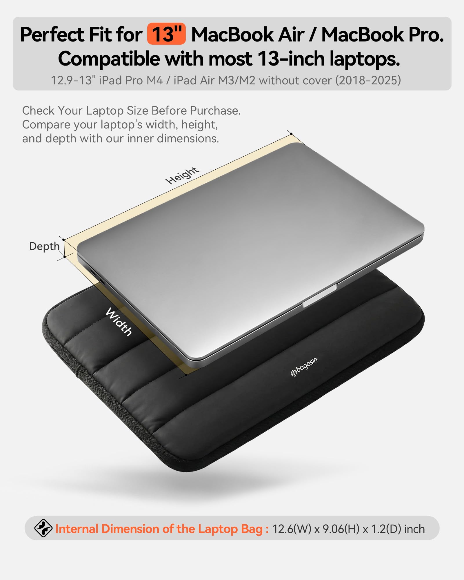 bagasin Laptop Sleeve Bag, 13 13.3 Inch Laptop Sleeve Protective Sleeve for MacBook Air Pro M2/M1, MacBook Pro 14, iPad Pro 12.9, HP, Dell, Lenovo, Asus Notebook