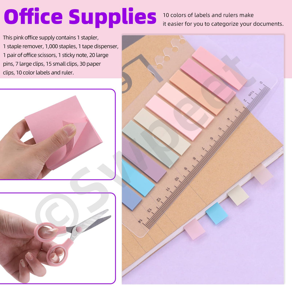 Swpeet 9Pcs Pink Office Supplies Kit, Desk Accessories Including Stapler, Tape Dispenser, Staple Remover, Tabs, Scissors, Staples, Tape, Clips and Sticky Note Ideal for Office and School