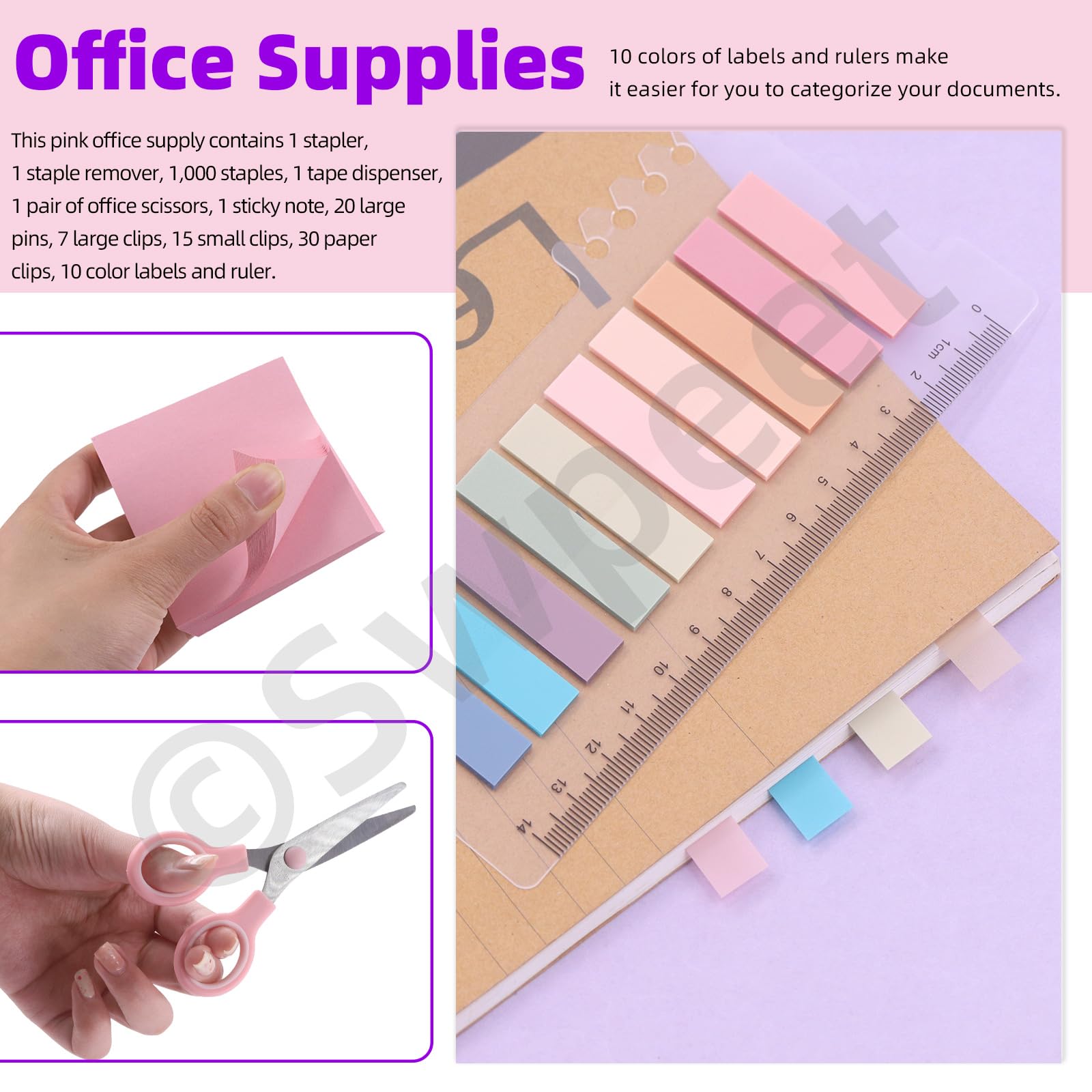 Swpeet 9Pcs Pink Office Supplies Kit, Desk Accessories Including Stapler, Tape Dispenser, Staple Remover, Tabs, Scissors, Staples, Tape, Clips and Sticky Note Ideal for Office and School